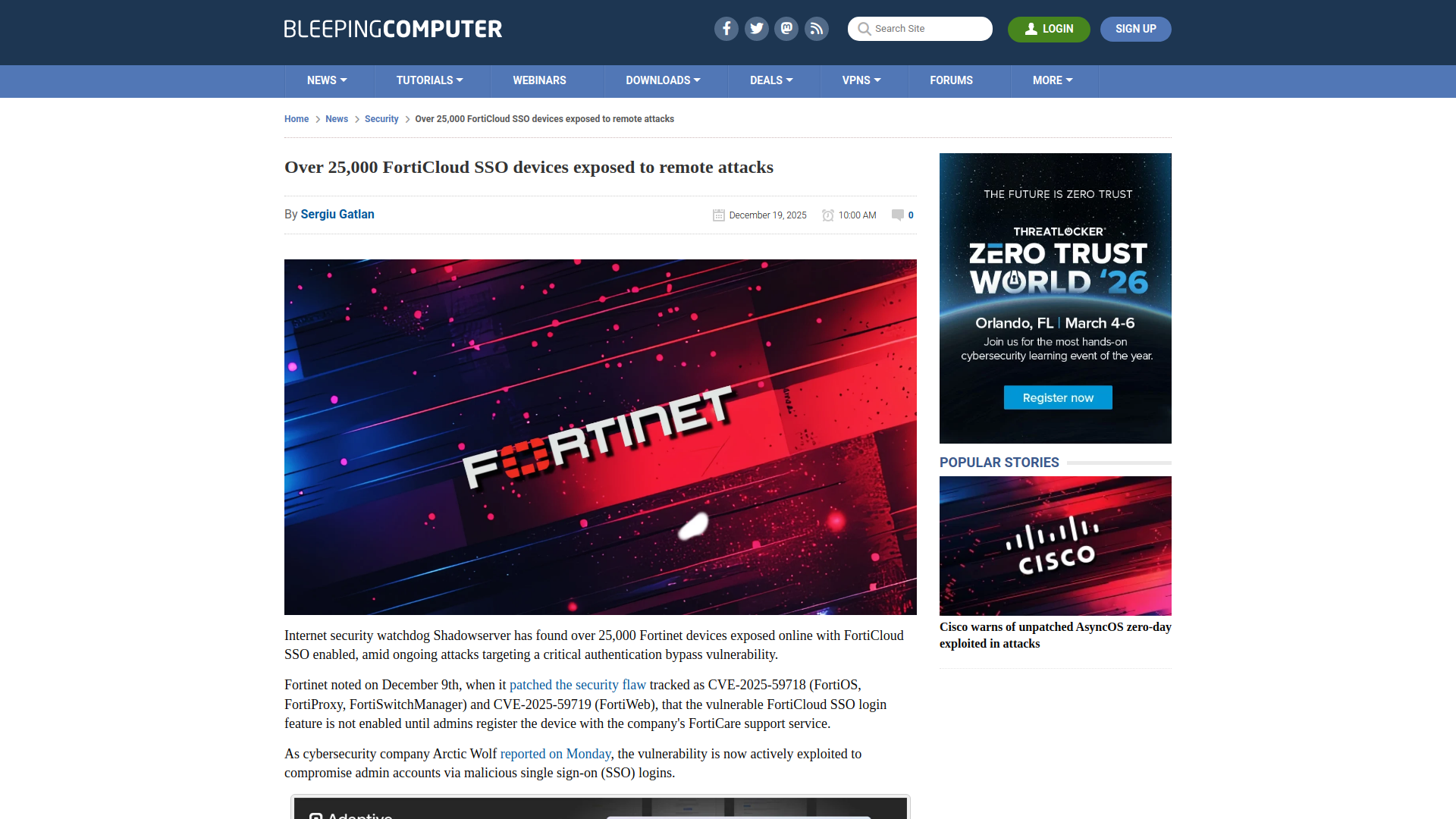Over 25,000 FortiCloud SSO devices exposed to remote attacks
