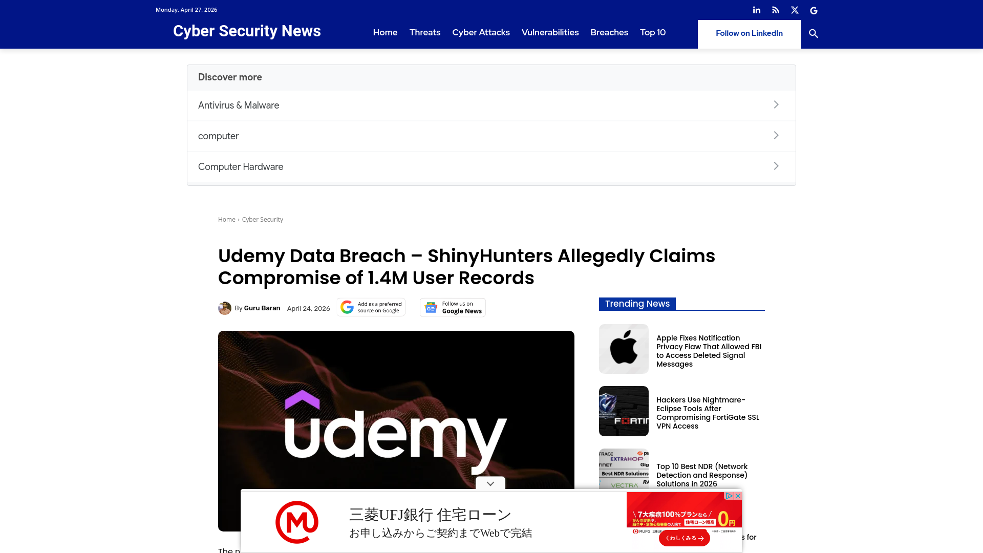 Udemy Data Breach - ShinyHunters Claims Compromise of 1.4M User Records