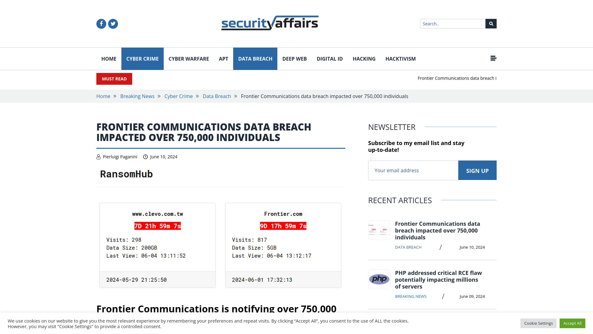 Frontier Communications data breach impacted over 750K people