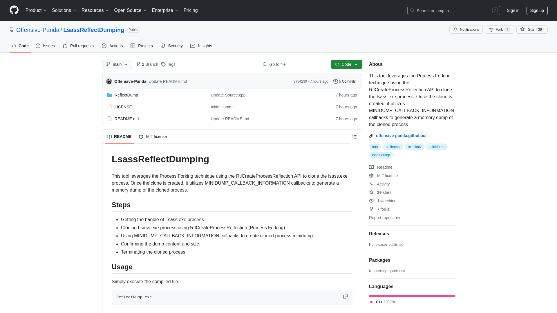 GitHub - Offensive-Panda/LsassReflectDumping: This tool leverages the Process Forking technique using the RtlCreateProcessReflection API to clone the lsass.exe process. Once the clone is created, it utilizes MINIDUMP_CALLBACK_INFORMATION callbacks to generate a memory dump of the cloned process