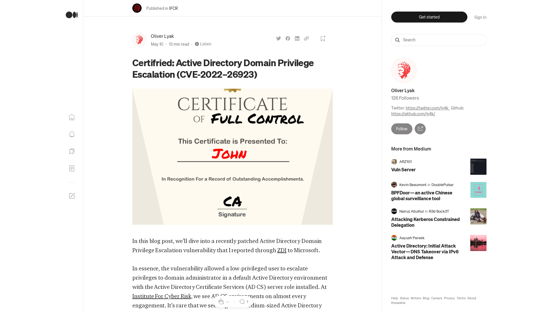 Certifried: Active Directory Domain Privilege Escalation (CVE-2022–26923) | by Oliver Lyak | IFCR