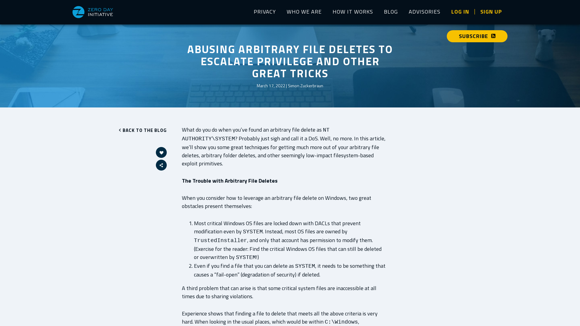 Zero Day Initiative — Abusing Arbitrary File Deletes to Escalate Privilege and Other Great Tricks