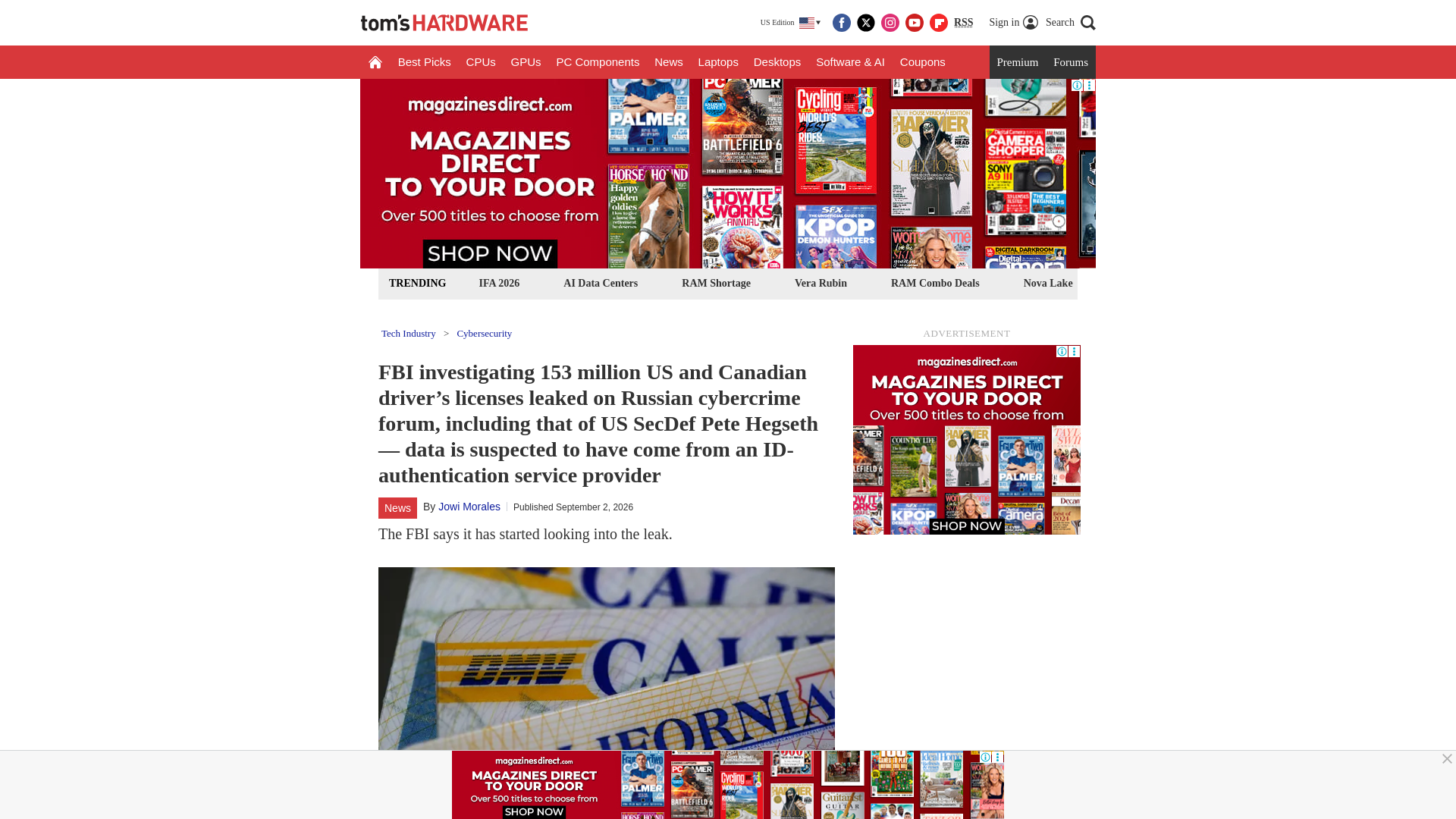FBI investigating 153 million US and Canadian driver’s licenses leaked on Russian cybercrime forum, including that of US SecDef Pete Hegseth — data is suspected to have come from an ID-authentication service provider | Tom's Hardware