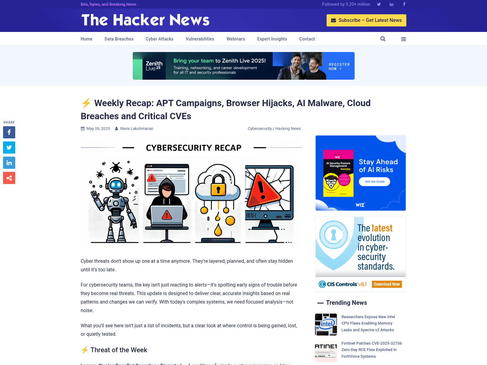 ⚡ Weekly Recap: APT Campaigns, Browser Hijacks, AI Malware, Cloud Breaches and Critical CVEs