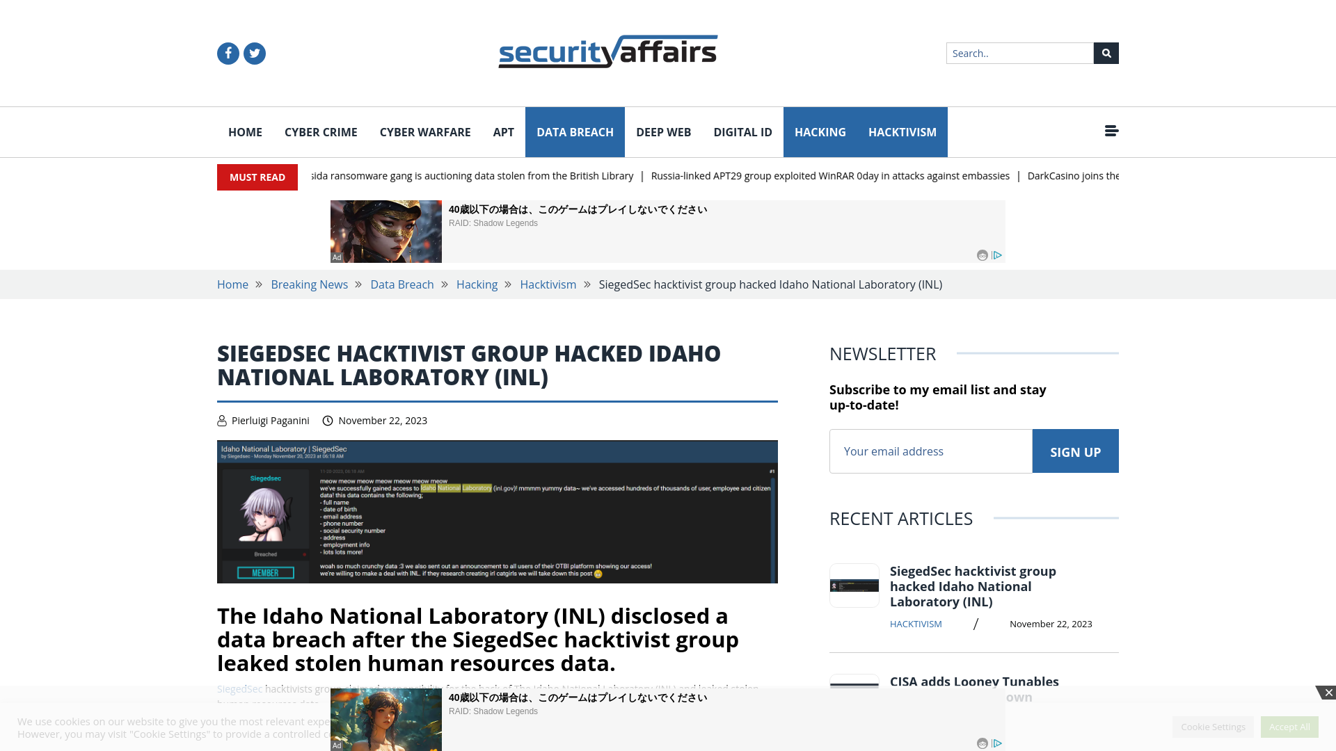 SiegedSec hacktivist group hacked Idaho National Laboratory (INL)