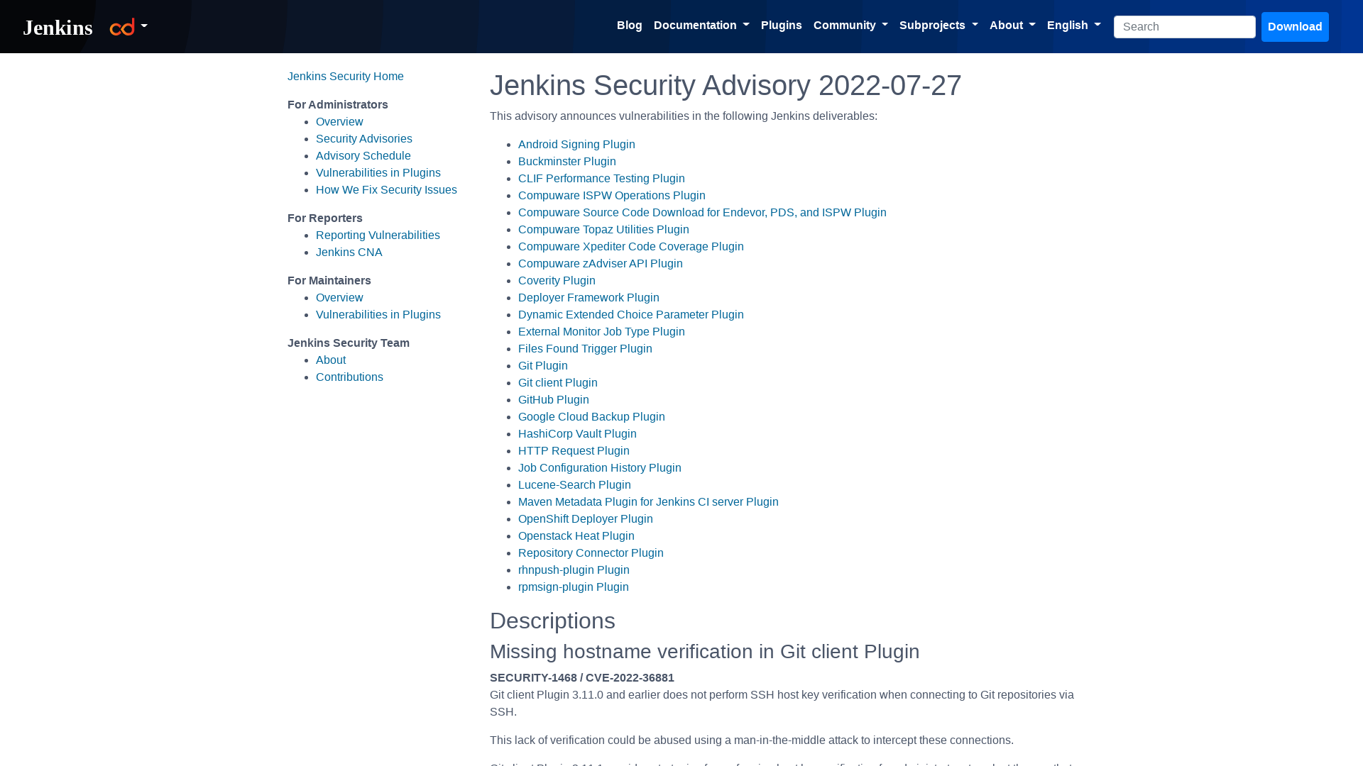 Jenkins Security Advisory 2022-07-27
