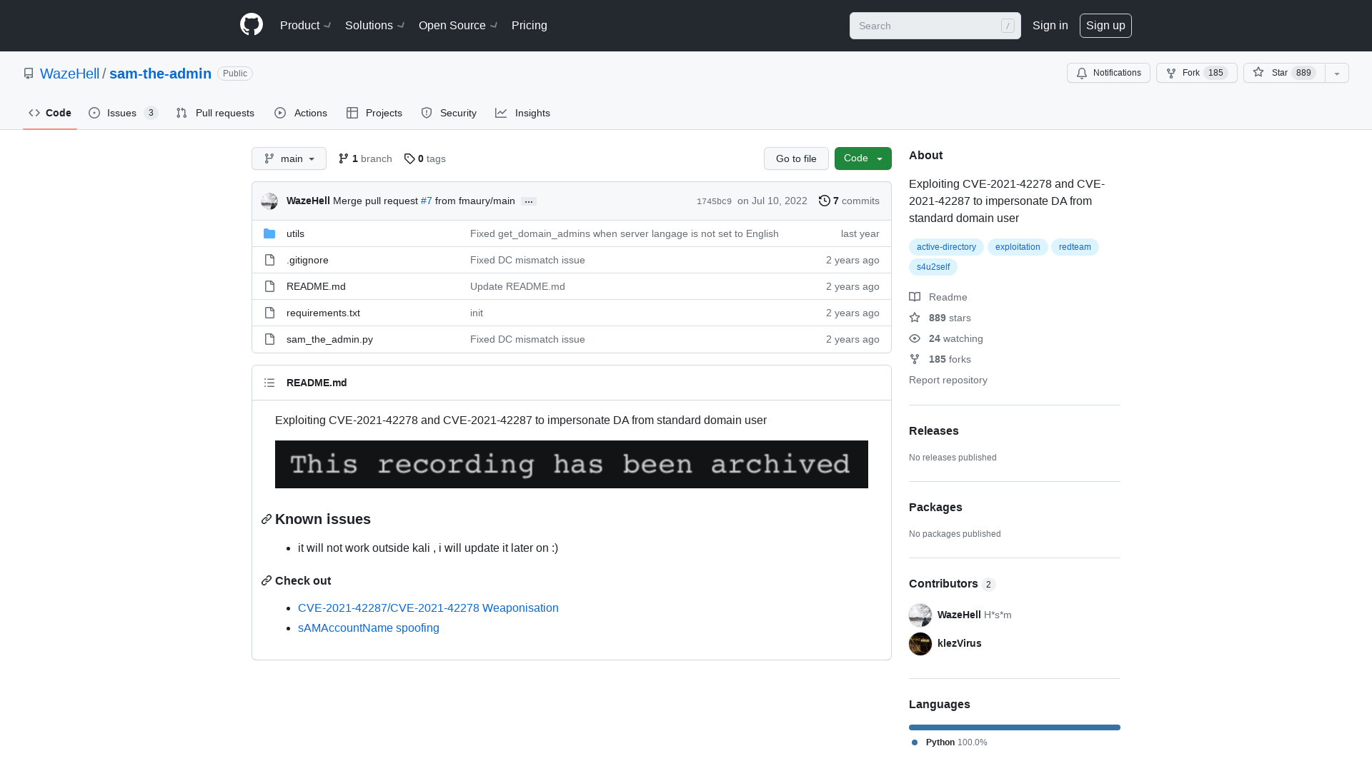 GitHub - WazeHell/sam-the-admin: Exploiting CVE-2021-42278 and CVE-2021-42287 to impersonate DA from standard domain user