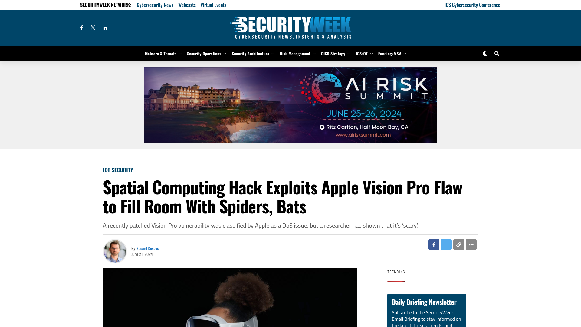 Spatial Computing Hack Exploits Apple Vision Pro Flaw to Fill Room With Spiders, Bats - SecurityWeek