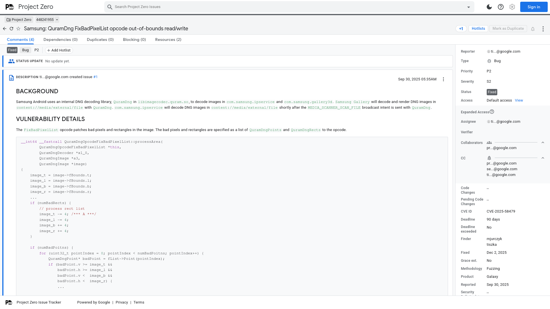 Samsung: QuramDng FixBadPixelList opcode out-of-bounds read/write [448241955] - Project Zero