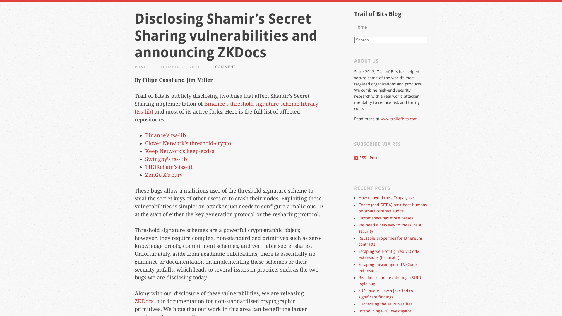 Disclosing Shamir’s Secret Sharing vulnerabilities and announcing ZKDocs | Trail of Bits Blog
