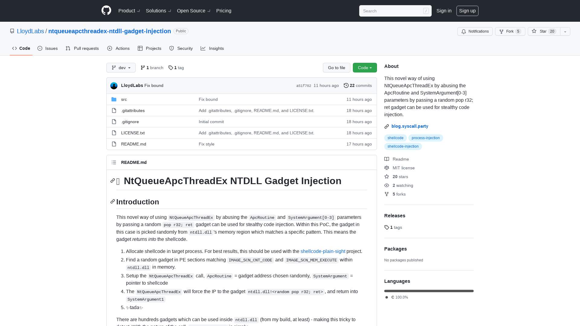 GitHub - LloydLabs/ntqueueapcthreadex-ntdll-gadget-injection: This novel way of using NtQueueApcThreadEx by abusing the ApcRoutine and SystemArgument[0-3] parameters by passing a random pop r32; ret gadget can be used for stealthy code injection.