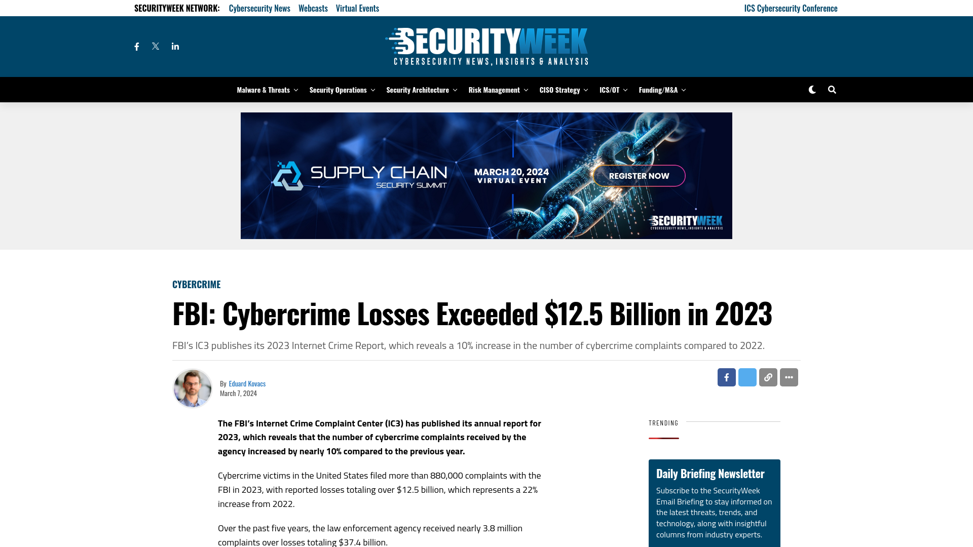 FBI: Cybercrime Losses Exceeded $12.5 Billion in 2023 - SecurityWeek