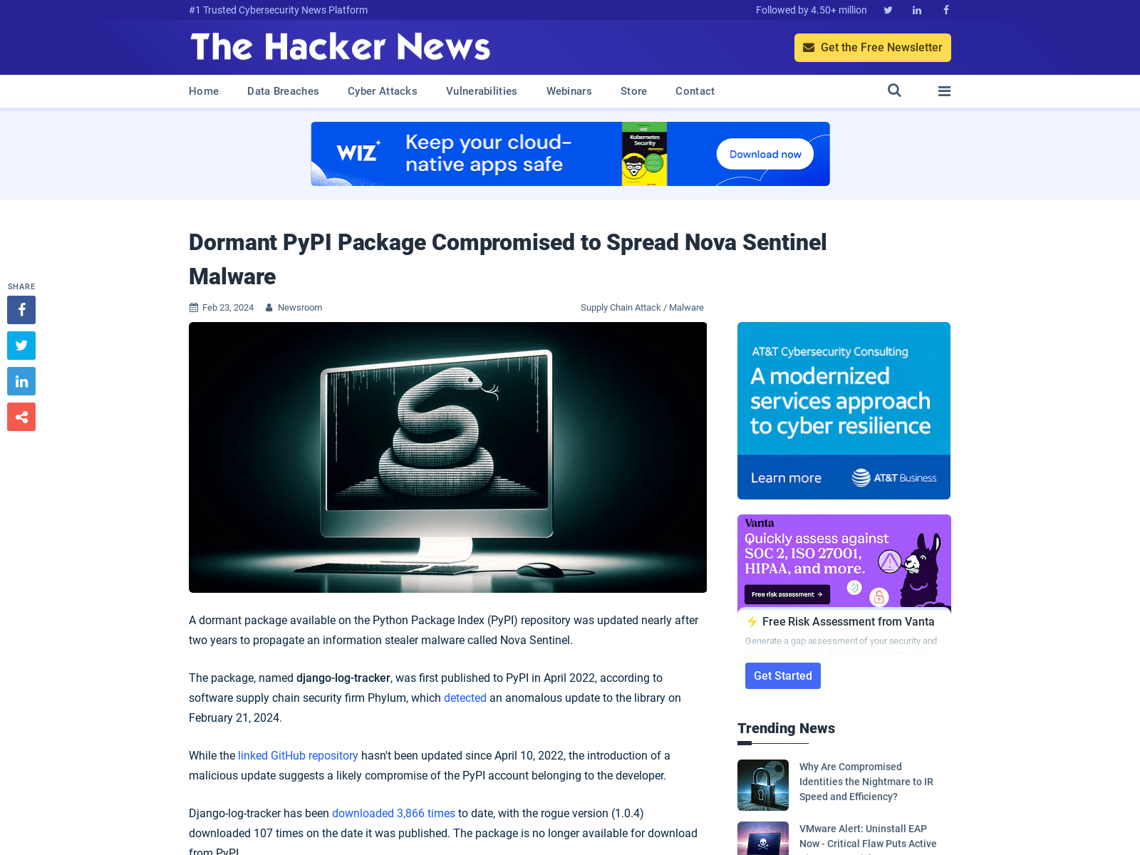  Dormant PyPI Package Compromised to Spread Nova Sentinel Malware