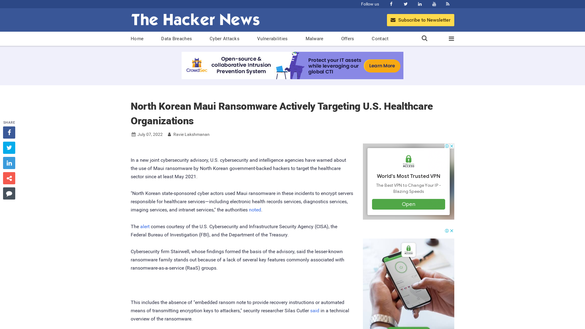 North Korean Maui Ransomware Actively Targeting U.S. Healthcare Organizations