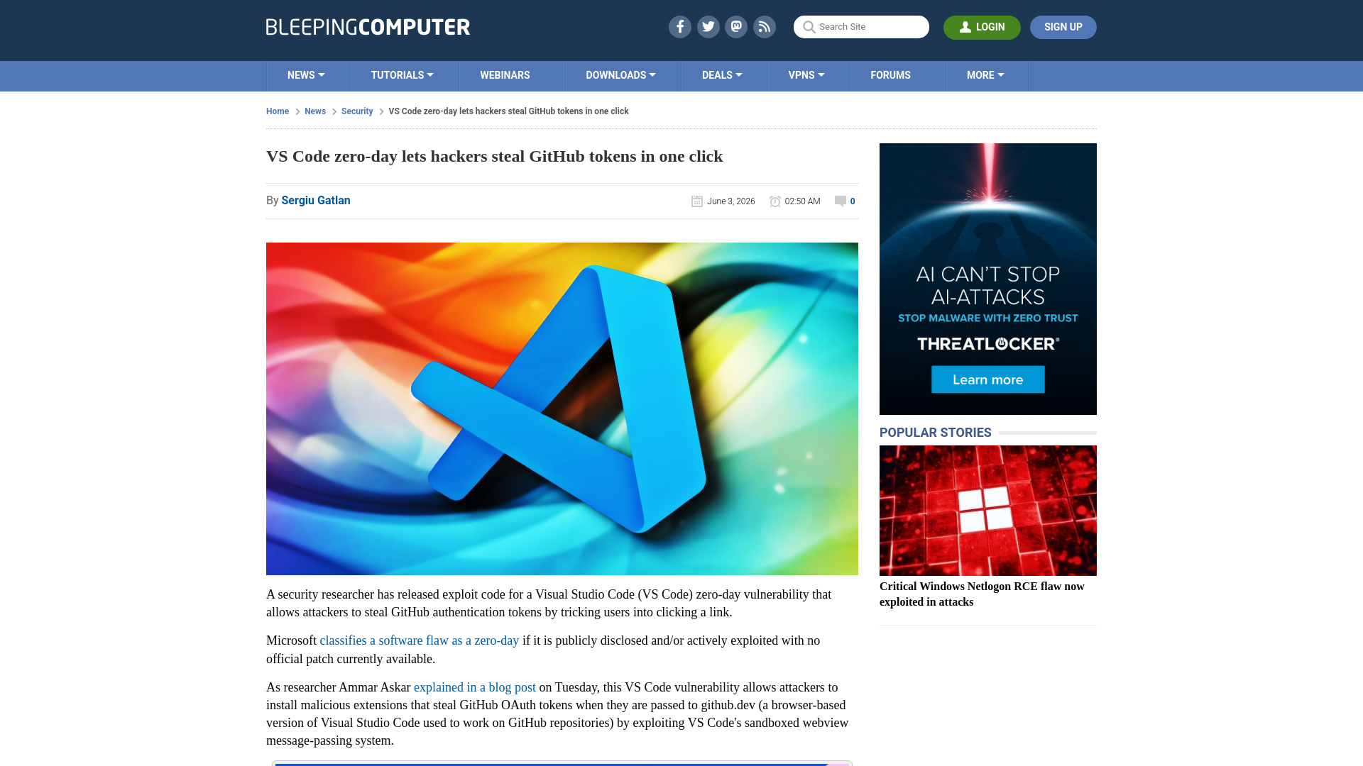 VS Code zero-day lets hackers steal GitHub tokens in one click
