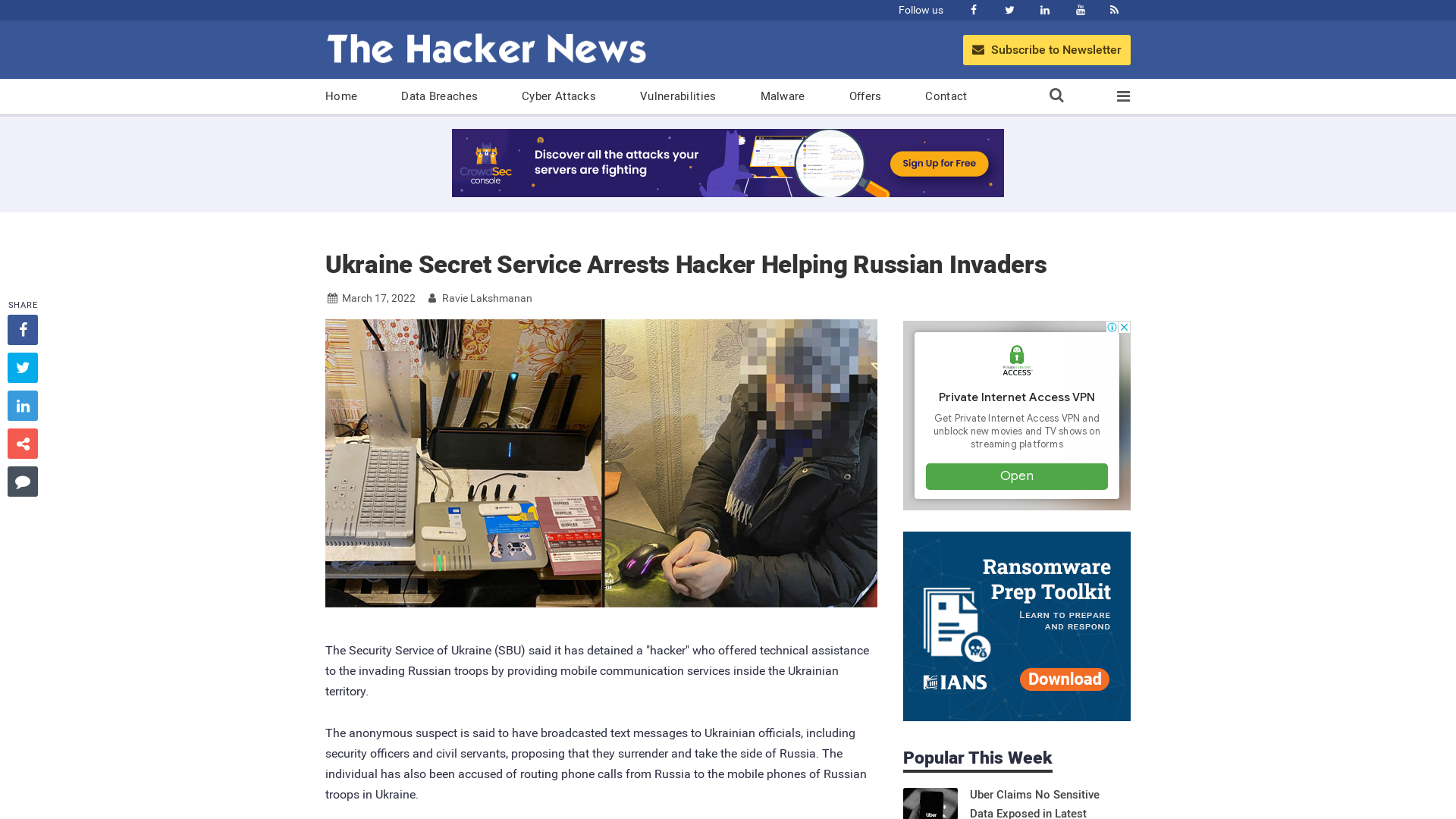 Ukraine Secret Service Arrests Hacker Helping Russian Invaders