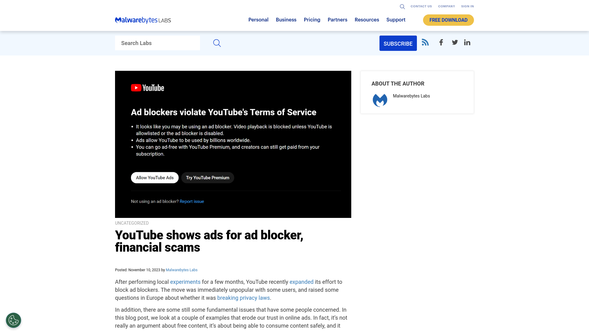 YouTube shows ads for ad blocker, financial scams | Malwarebytes