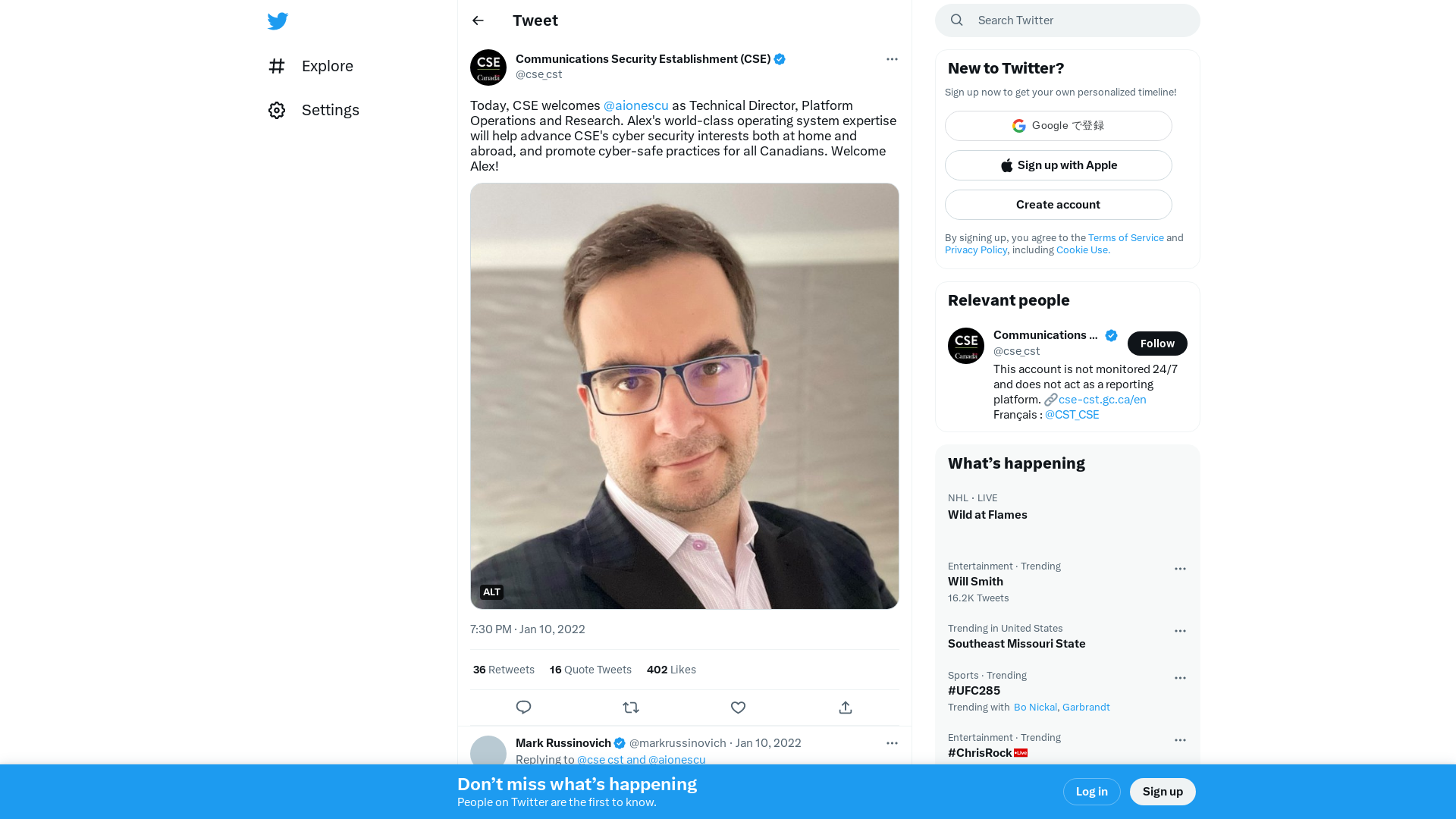 Communications Security Establishment (CSE) on Twitter: "Today, CSE welcomes @aionescu as Technical Director, Platform Operations and Research. Alex's world-class operating system expertise will help advance CSE's cyber security interests both at home and abroad, and promote cyber-safe practices for all Canadians. Welcome Alex! https://t.co/gtiwK9mmio" / Twitter