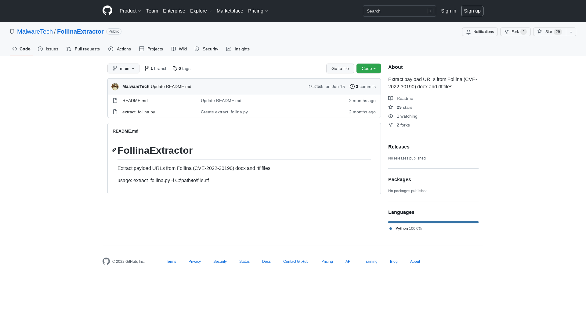 GitHub - MalwareTech/FollinaExtractor: Extract payload URLs from Follina (CVE-2022-30190) docx and rtf files