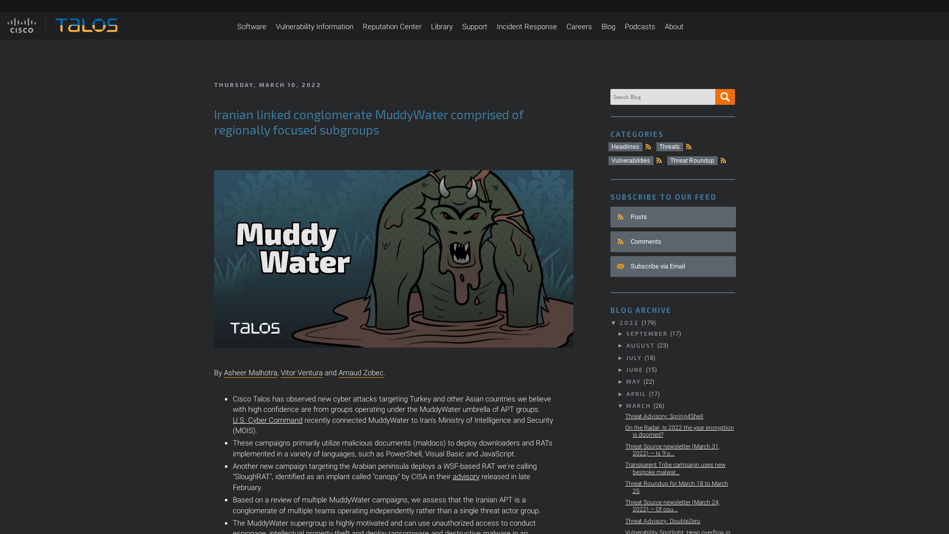 Cisco Talos Intelligence Group - Comprehensive Threat Intelligence: Iranian linked conglomerate MuddyWater comprised of regionally focused subgroups