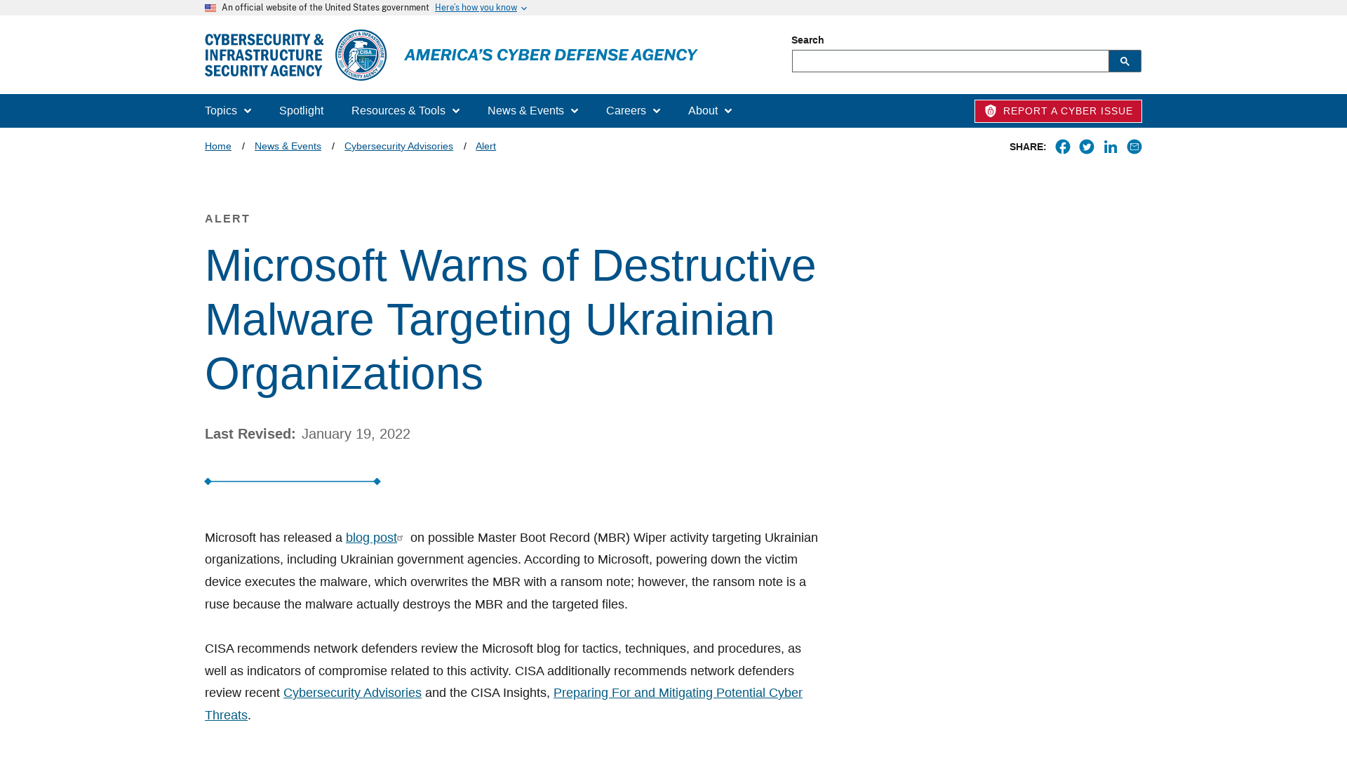 Microsoft Warns of Destructive Malware Targeting Ukrainian Organizations | CISA