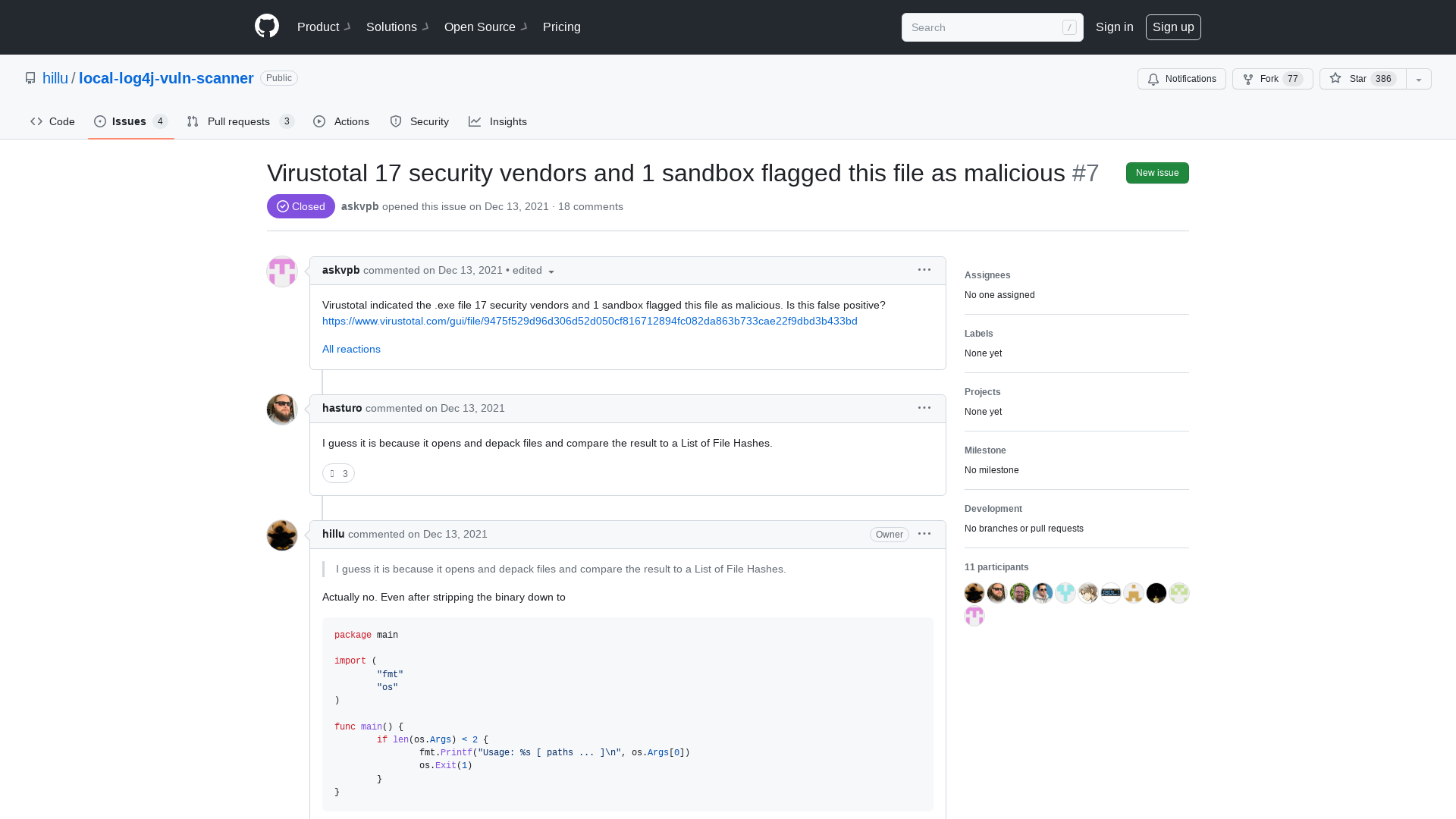 Virustotal 17 security vendors and 1 sandbox flagged this file as malicious · Issue #7 · hillu/local-log4j-vuln-scanner · GitHub