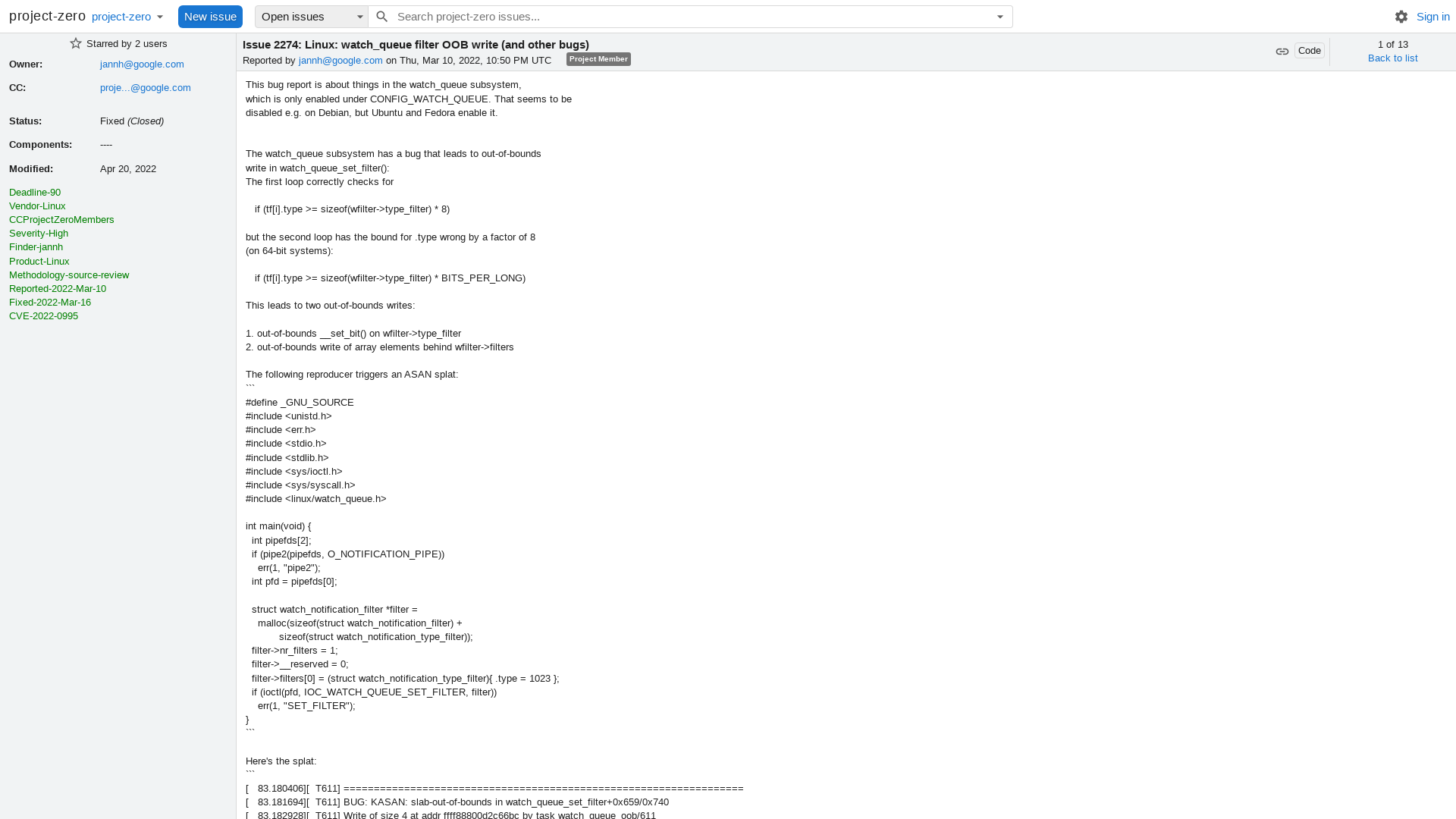 2274 - Linux: watch_queue filter OOB write (and other bugs) - project-zero