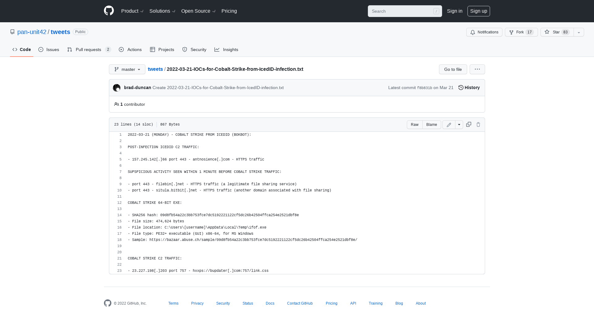 tweets/2022-03-21-IOCs-for-Cobalt-Strike-from-IcedID-infection.txt at master · pan-unit42/tweets · GitHub