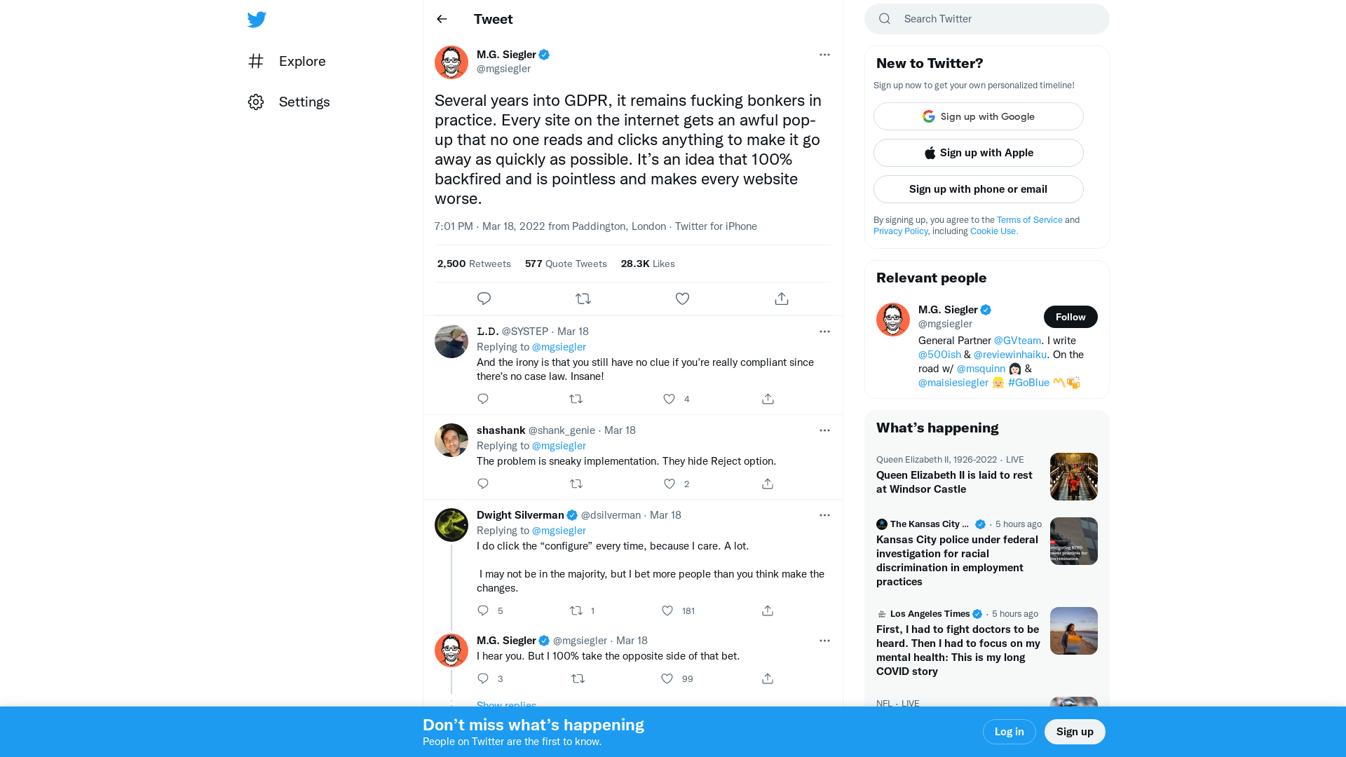 M.G. Siegler on Twitter: "Several years into GDPR, it remains fucking bonkers in practice. Every site on the internet gets an awful pop-up that no one reads and clicks anything to make it go away as quickly as possible. It’s an idea that 100% backfired and is pointless and makes every website worse." / Twitter