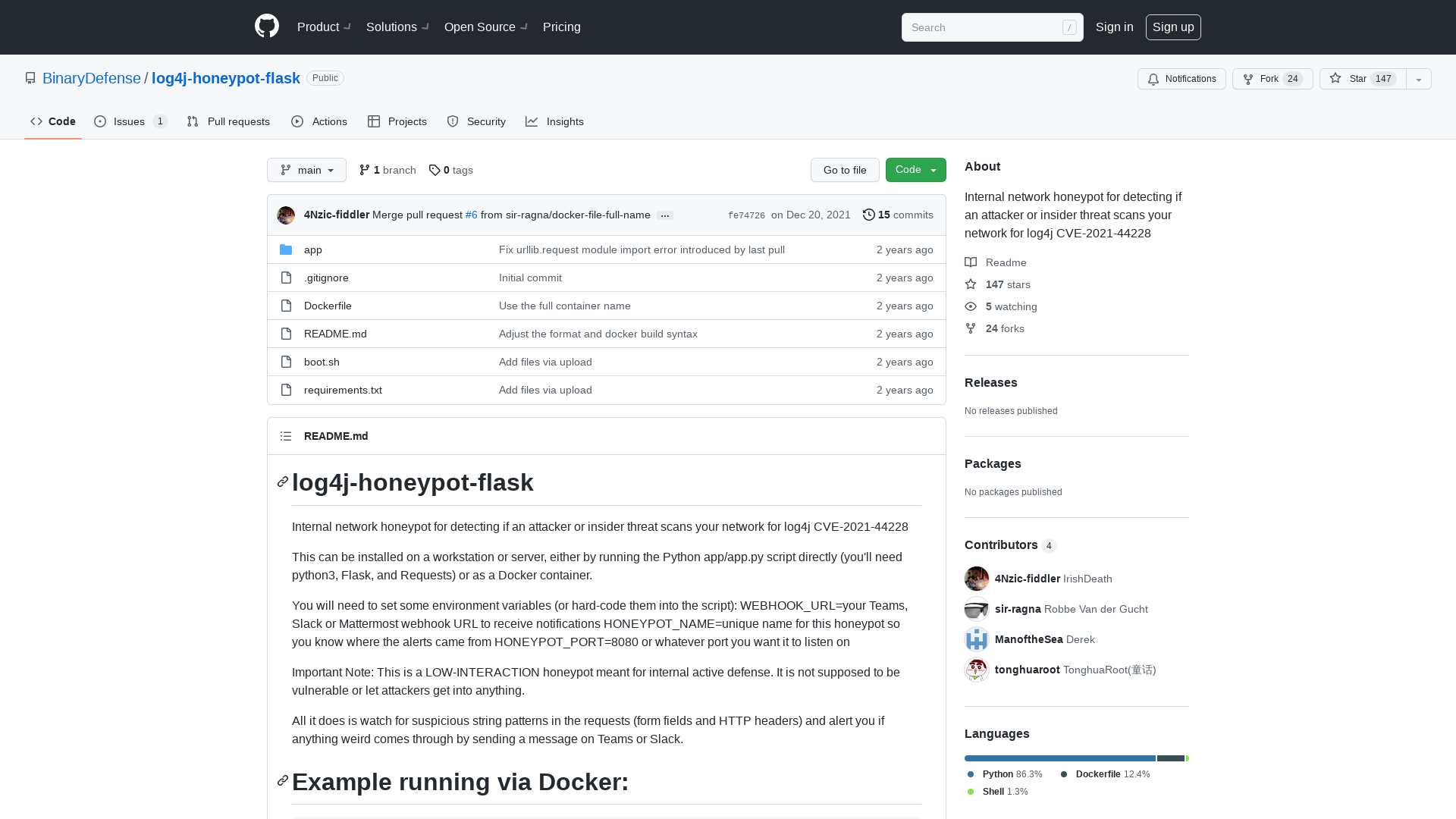 GitHub - BinaryDefense/log4j-honeypot-flask: Internal network honeypot for detecting if an attacker or insider threat scans your network for log4j CVE-2021-44228