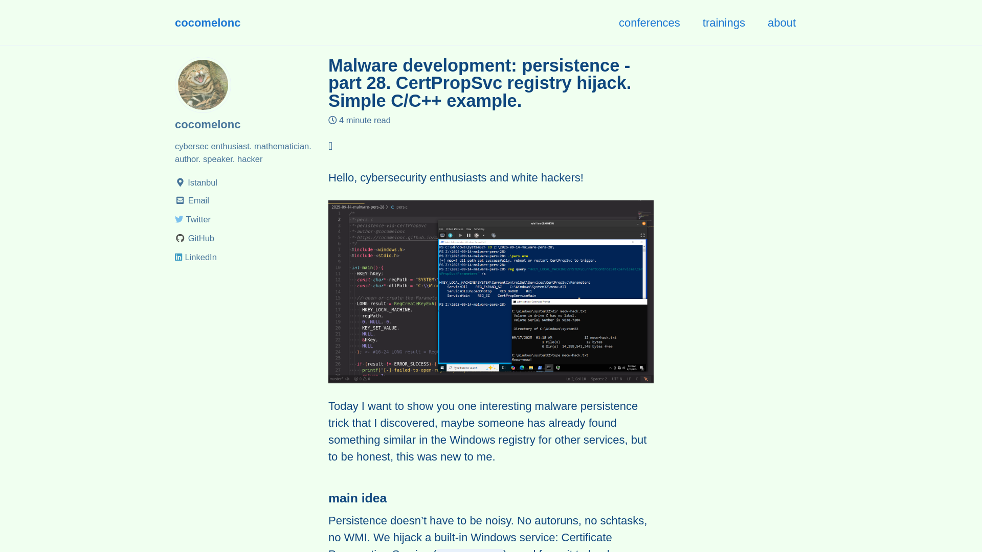 Malware development: persistence - part 28. CertPropSvc registry hijack. Simple C/C++ example. - cocomelonc