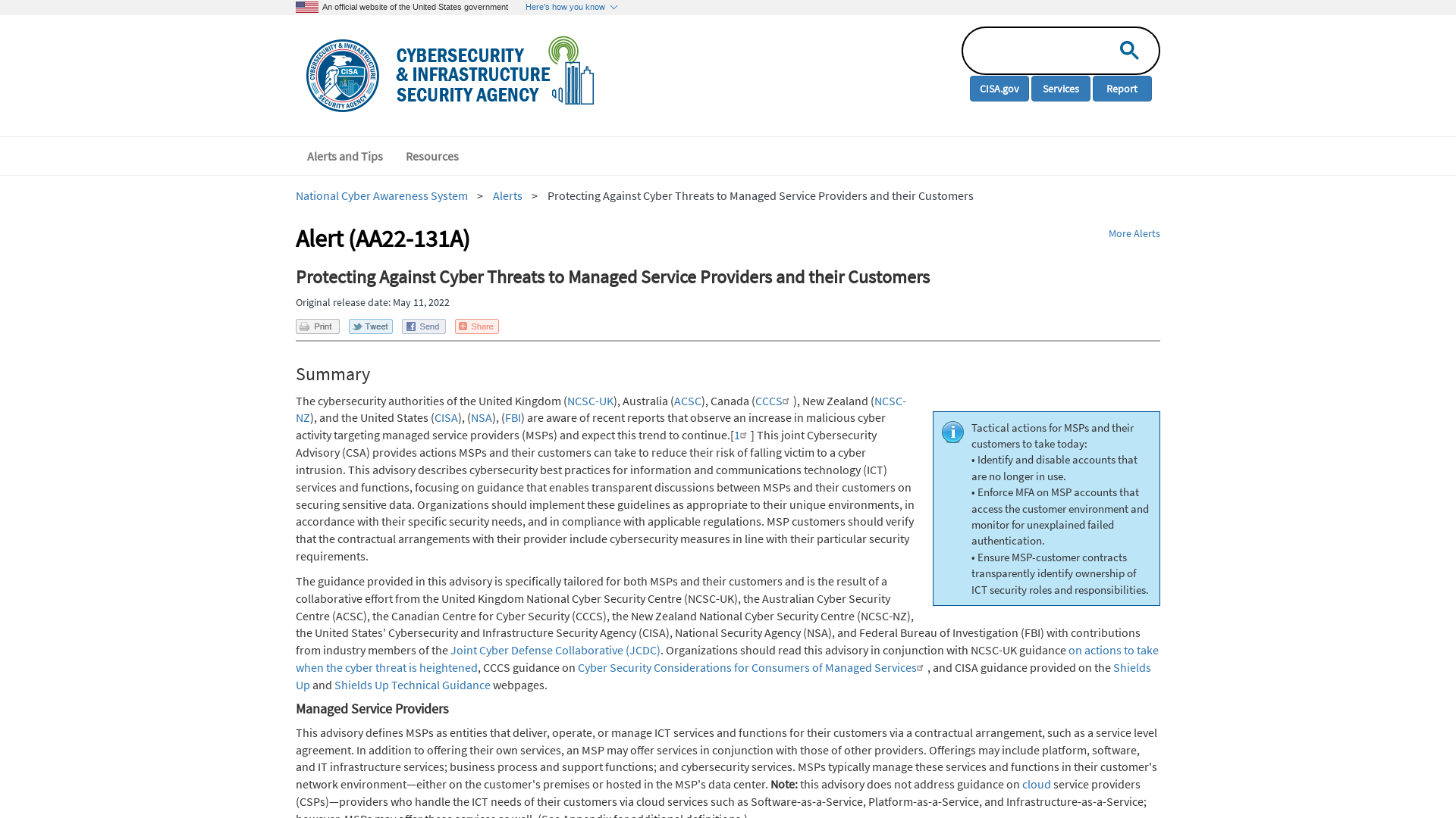 Protecting Against Cyber Threats to Managed Service Providers and their Customers | CISA