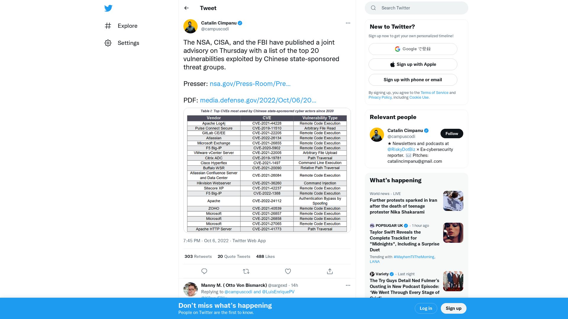 Catalin Cimpanu on Twitter: "The NSA, CISA, and the FBI have published a joint advisory on Thursday with a list of the top 20 vulnerabilities exploited by Chinese state-sponsored threat groups. Presser: https://t.co/GMUnDlBSFJ PDF: https://t.co/ROjLfJJay6 https://t.co/K6qPSILDZX" / Twitter