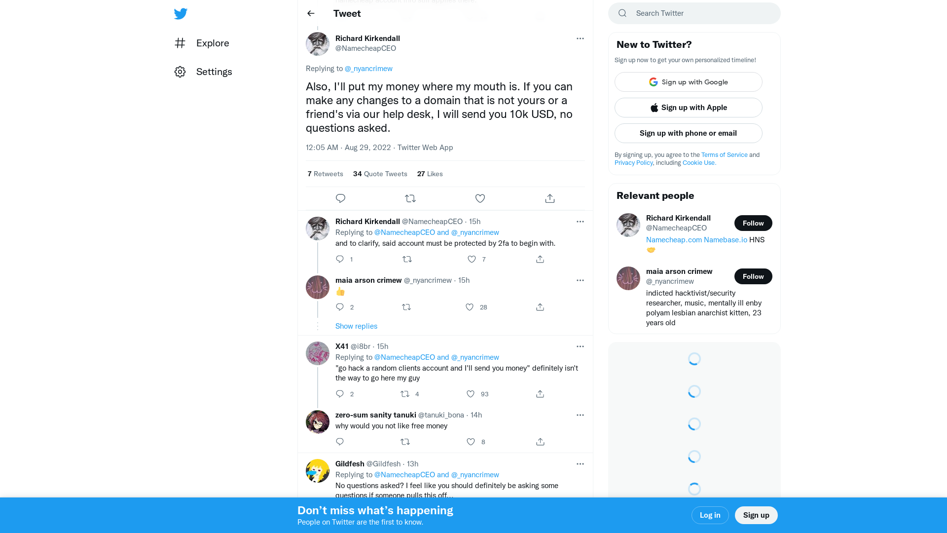 Richard Kirkendall on Twitter: "@_nyancrimew Also, I'll put my money where my mouth is. If you can make any changes to a domain that is not yours or a friend's via our help desk, I will send you 10k USD, no questions asked." / Twitter