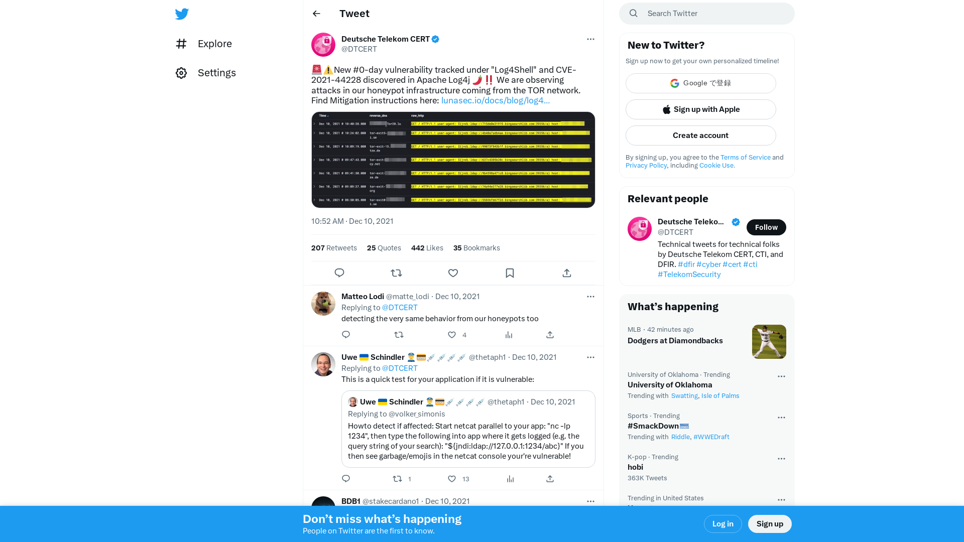 Deutsche Telekom CERT on Twitter: "🚨⚠️New #0-day vulnerability tracked under "Log4Shell" and CVE-2021-44228 discovered in Apache Log4j 🌶️‼️ We are observing attacks in our honeypot infrastructure coming from the TOR network. Find Mitigation instructions here: https://t.co/tUKJSn8RPF https://t.co/WkAn911rZX" / Twitter