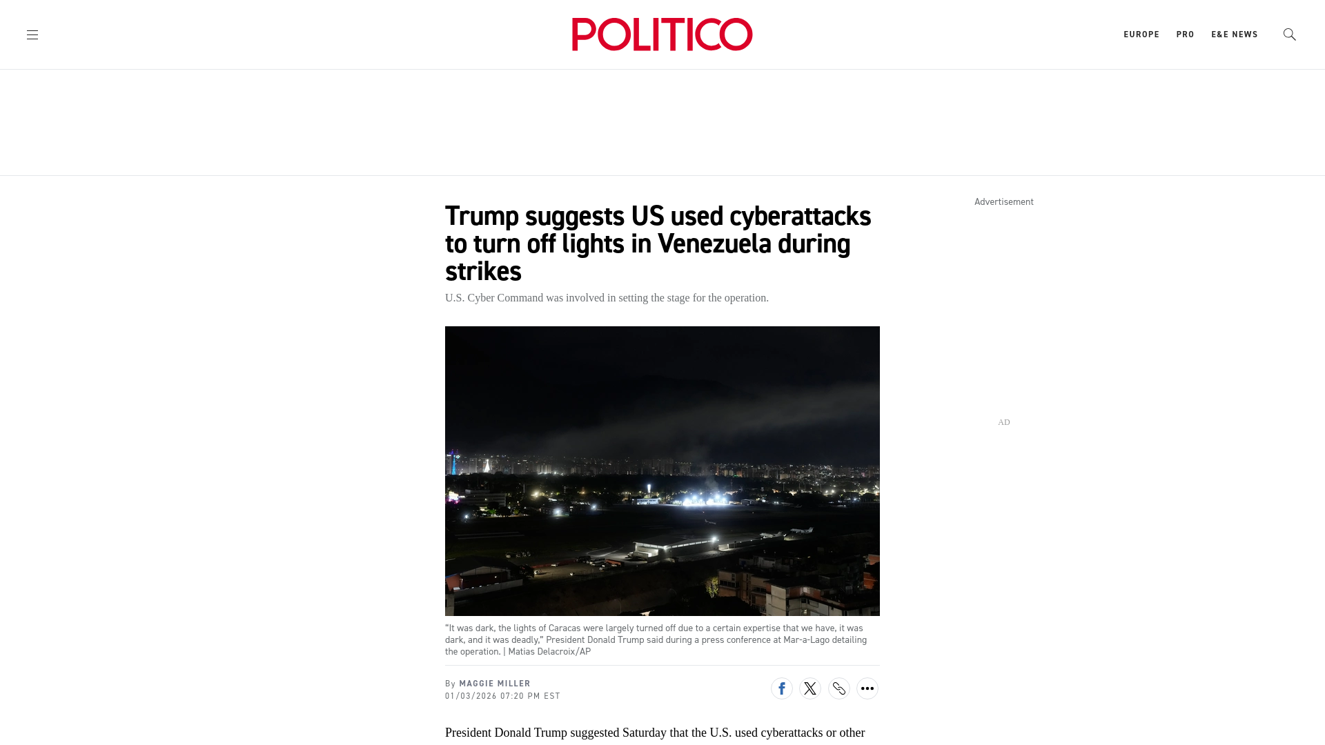 Trump suggests US used cyberattacks to turn off lights in Venezuela during strikes - POLITICO