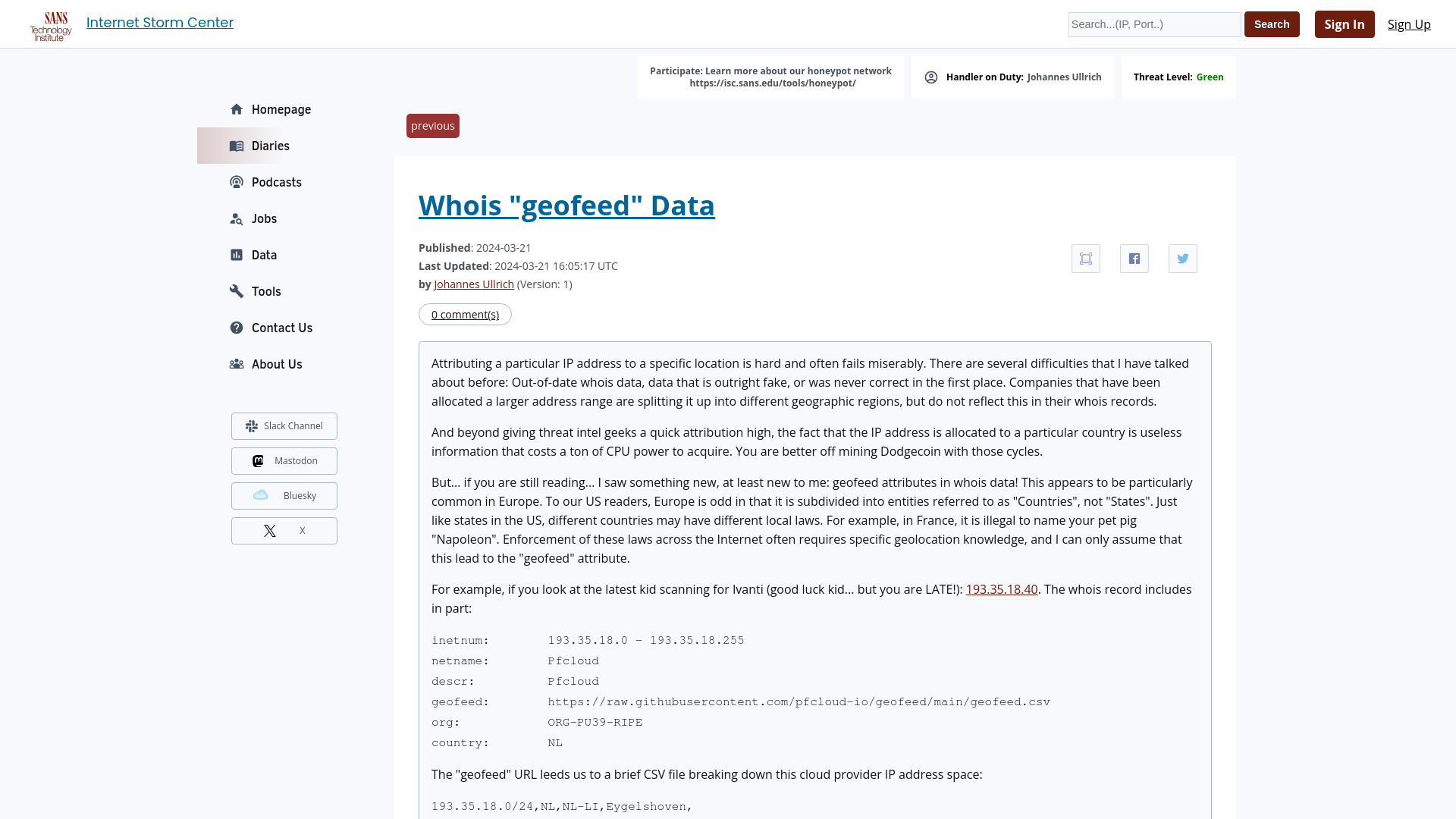 Whois "geofeed" Data - SANS Internet Storm Center