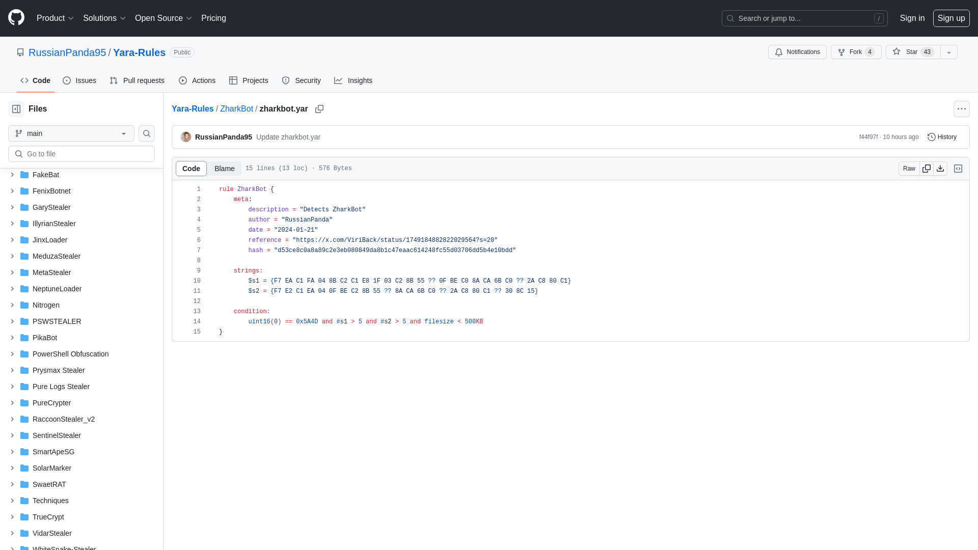 Yara-Rules/ZharkBot/zharkbot.yar at main · RussianPanda95/Yara-Rules · GitHub