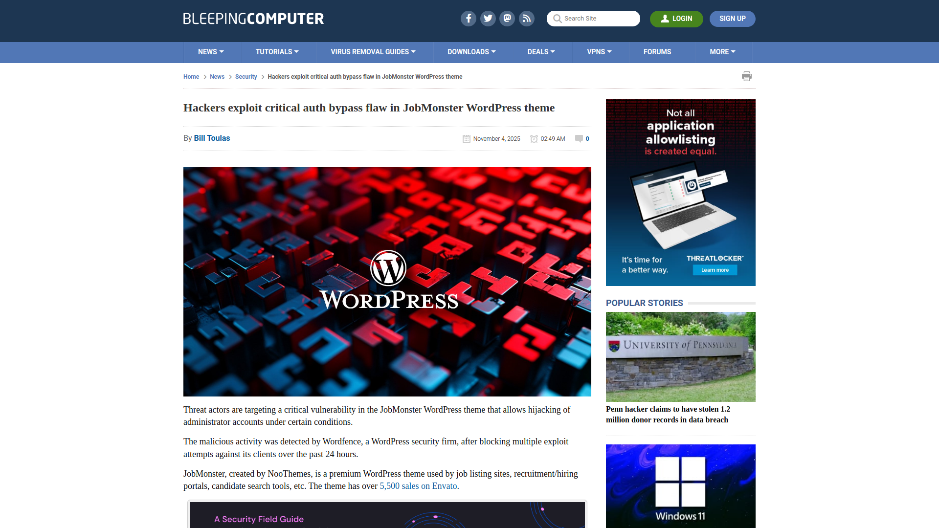 Hackers exploit critical auth bypass flaw in JobMonster WordPress theme