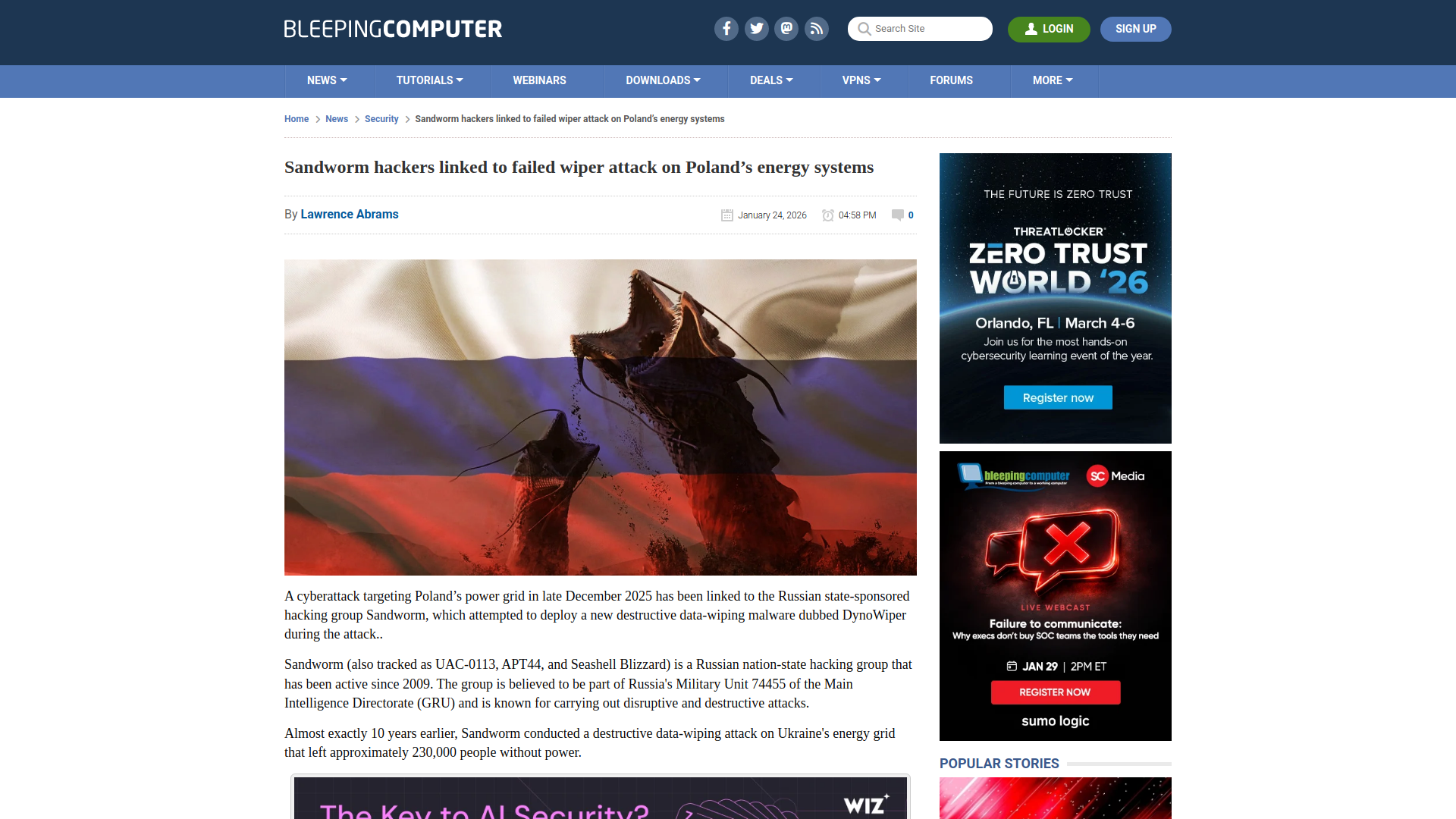 Sandworm hackers linked to failed wiper attack on Poland’s energy systems