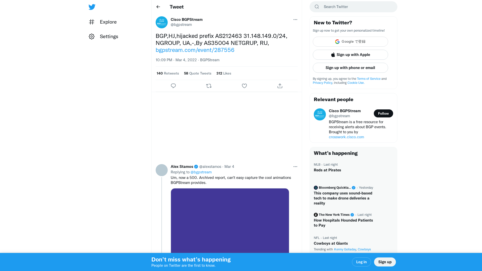 Cisco BGPStream on Twitter: "BGP,HJ,hijacked prefix AS212463 31.148.149.0/24, NGROUP, UA,-,By AS35004 NETGRUP, RU, https://t.co/FAANrv62QB" / Twitter