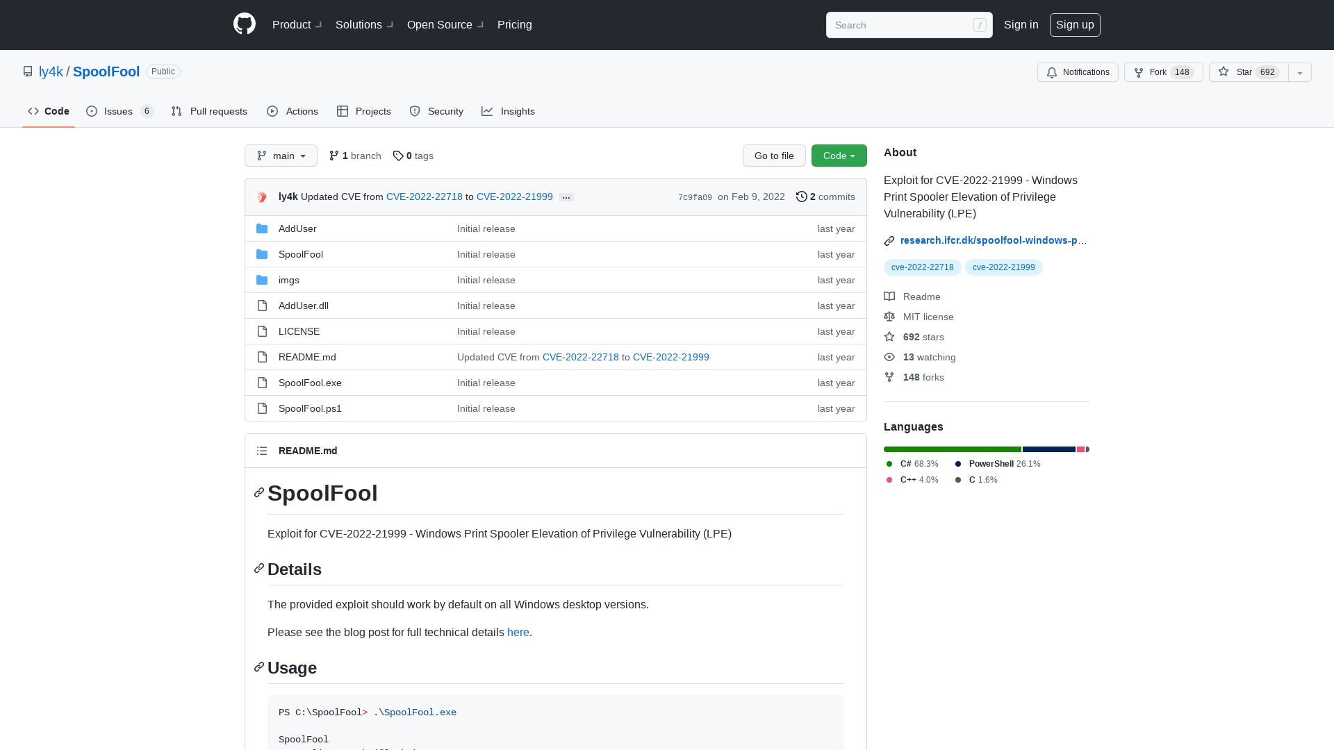 GitHub - ly4k/SpoolFool: Exploit for CVE-2022-21999 - Windows Print Spooler Elevation of Privilege Vulnerability (LPE)
