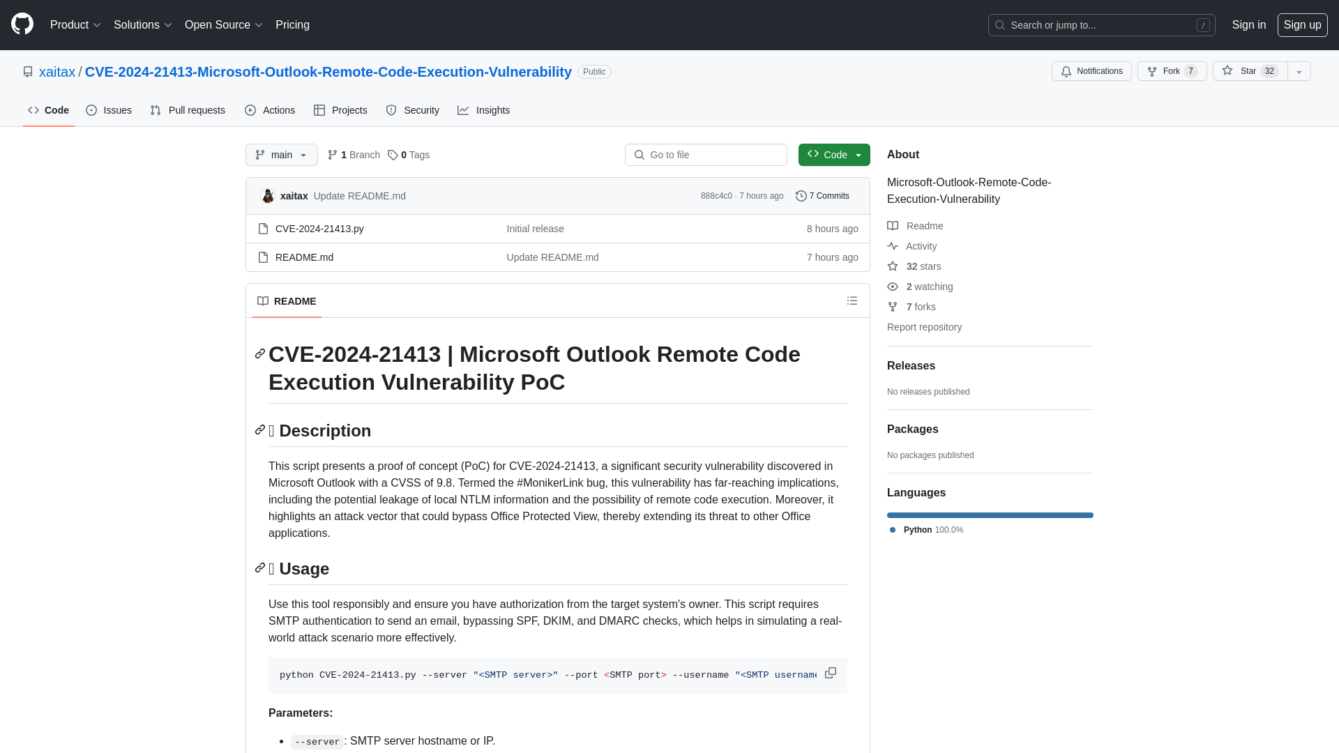 GitHub - xaitax/CVE-2024-21413-Microsoft-Outlook-Remote-Code-Execution-Vulnerability: Microsoft-Outlook-Remote-Code-Execution-Vulnerability