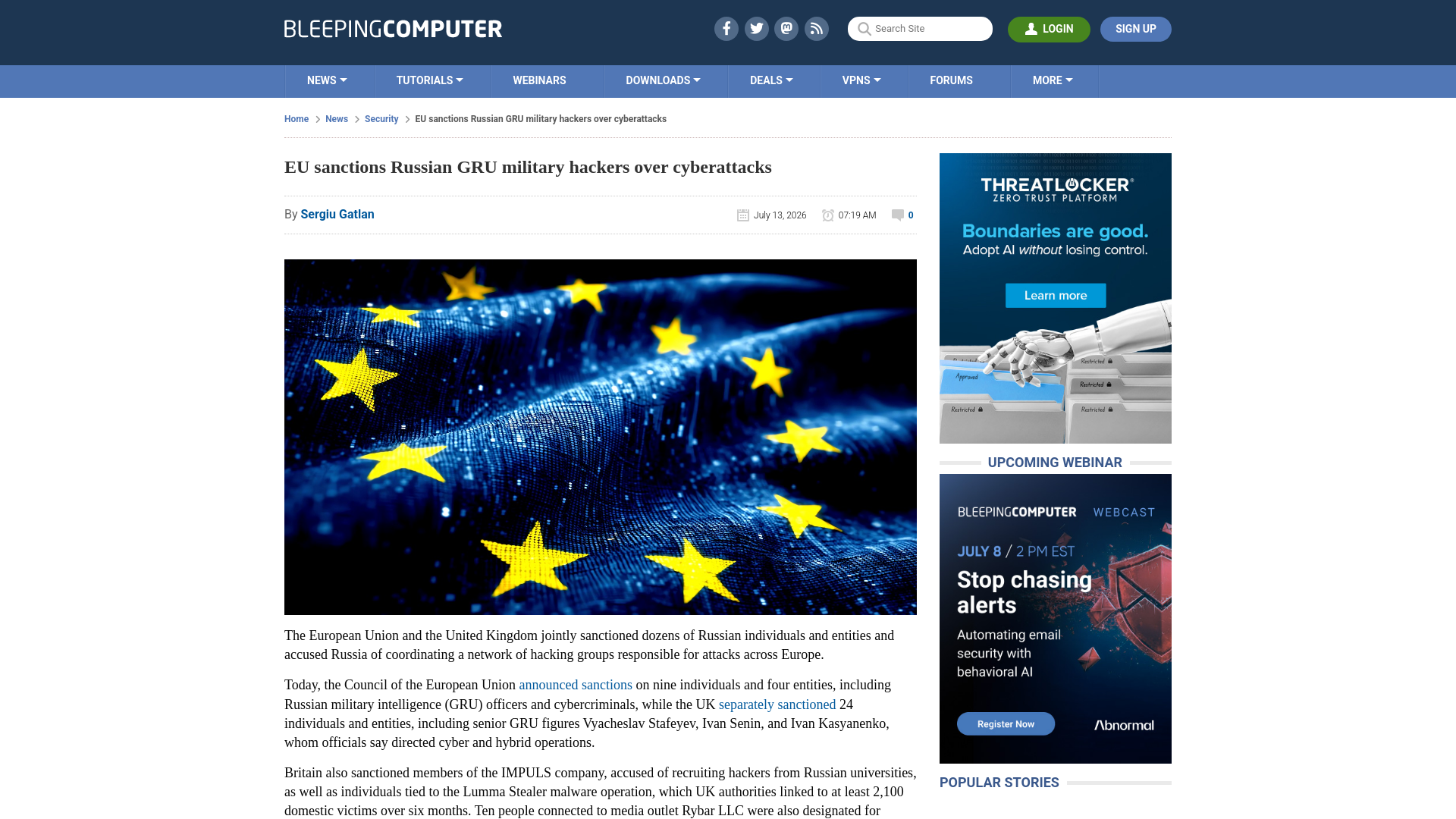 EU sanctions Russian GRU military hackers over cyberattacks