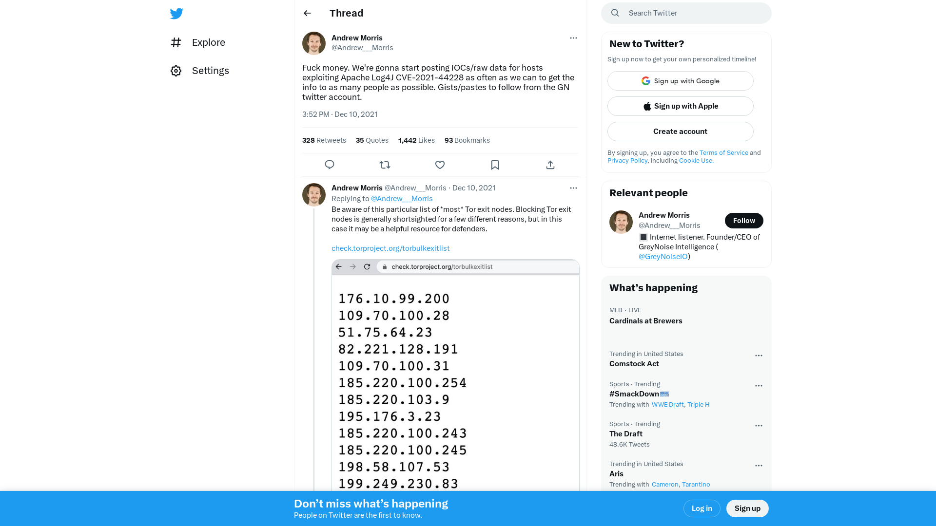Andrew Morris on Twitter: "Fuck money. We're gonna start posting IOCs/raw data for hosts exploiting Apache Log4J CVE-2021-44228 as often as we can to get the info to as many people as possible. Gists/pastes to follow from the GN twitter account." / Twitter