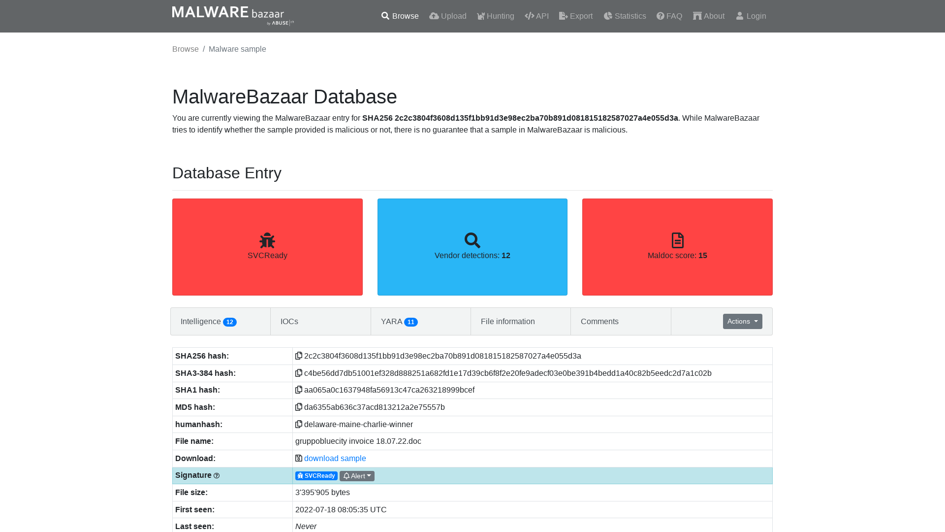 MalwareBazaar | SHA256 2c2c3804f3608d135f1bb91d3e98ec2ba70b891d081815182587027a4e055d3a (SVCReady)
