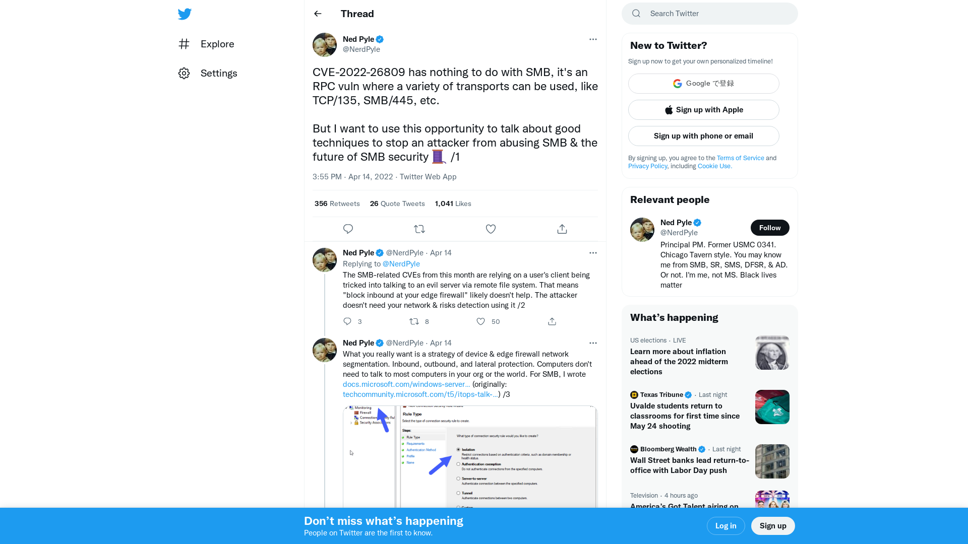 Ned Pyle on Twitter: "CVE-2022-26809 has nothing to do with SMB, it's an RPC vuln where a variety of transports can be used, like TCP/135, SMB/445, etc. But I want to use this opportunity to talk about good techniques to stop an attacker from abusing SMB &amp; the future of SMB security 🧵 /1" / Twitter