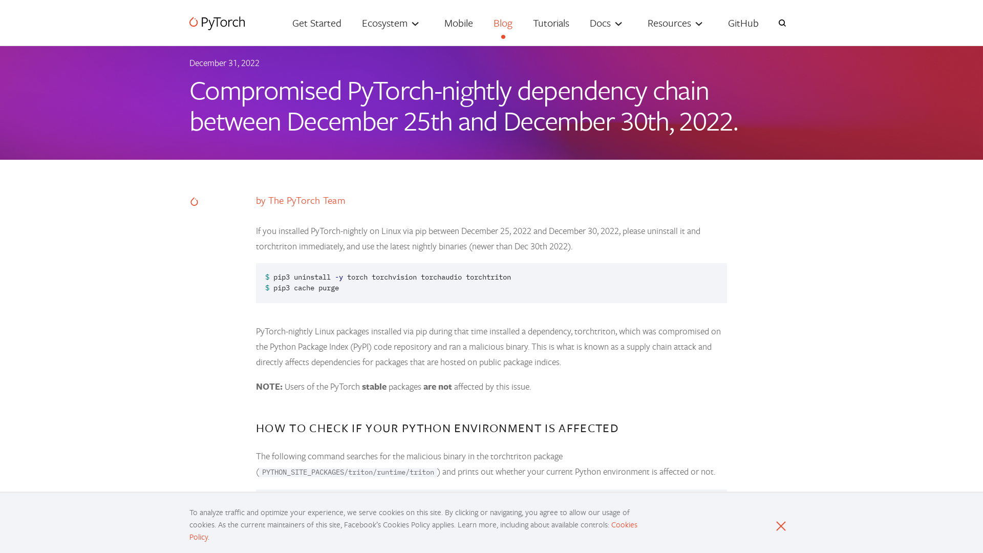 Compromised PyTorch-nightly dependency chain between December 25th and December 30th, 2022. | PyTorch