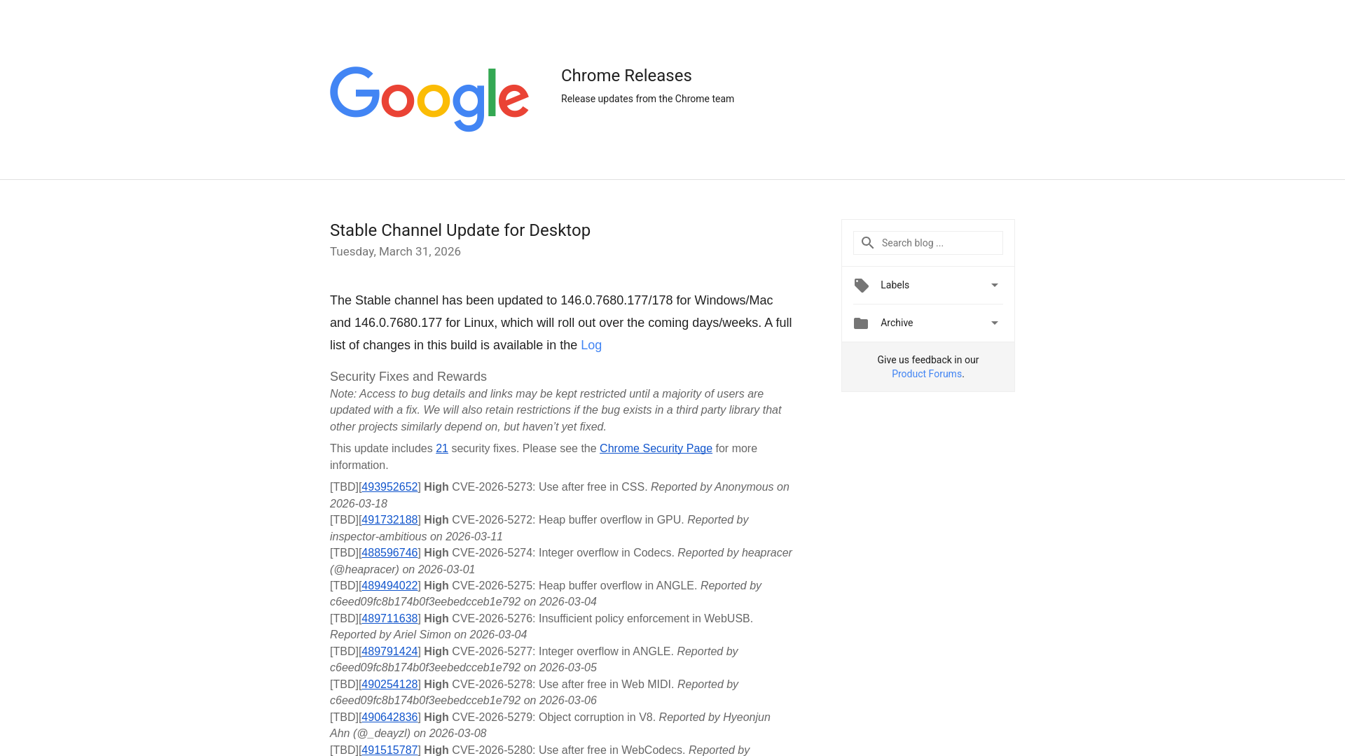 Chrome Releases: Stable Channel Update for Desktop