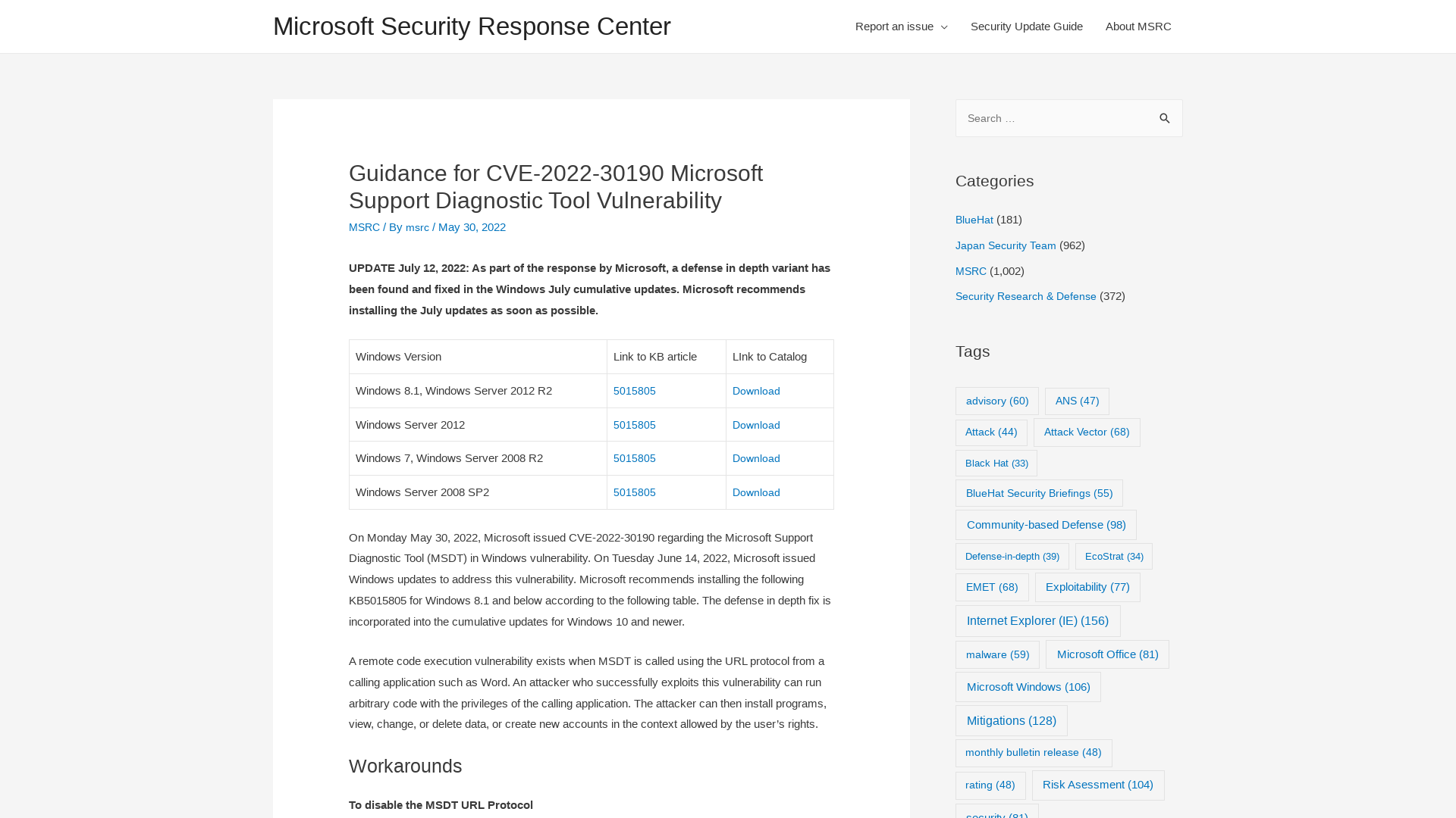 Guidance for CVE-2022-30190 Microsoft Support Diagnostic Tool Vulnerability – Microsoft Security Response Center